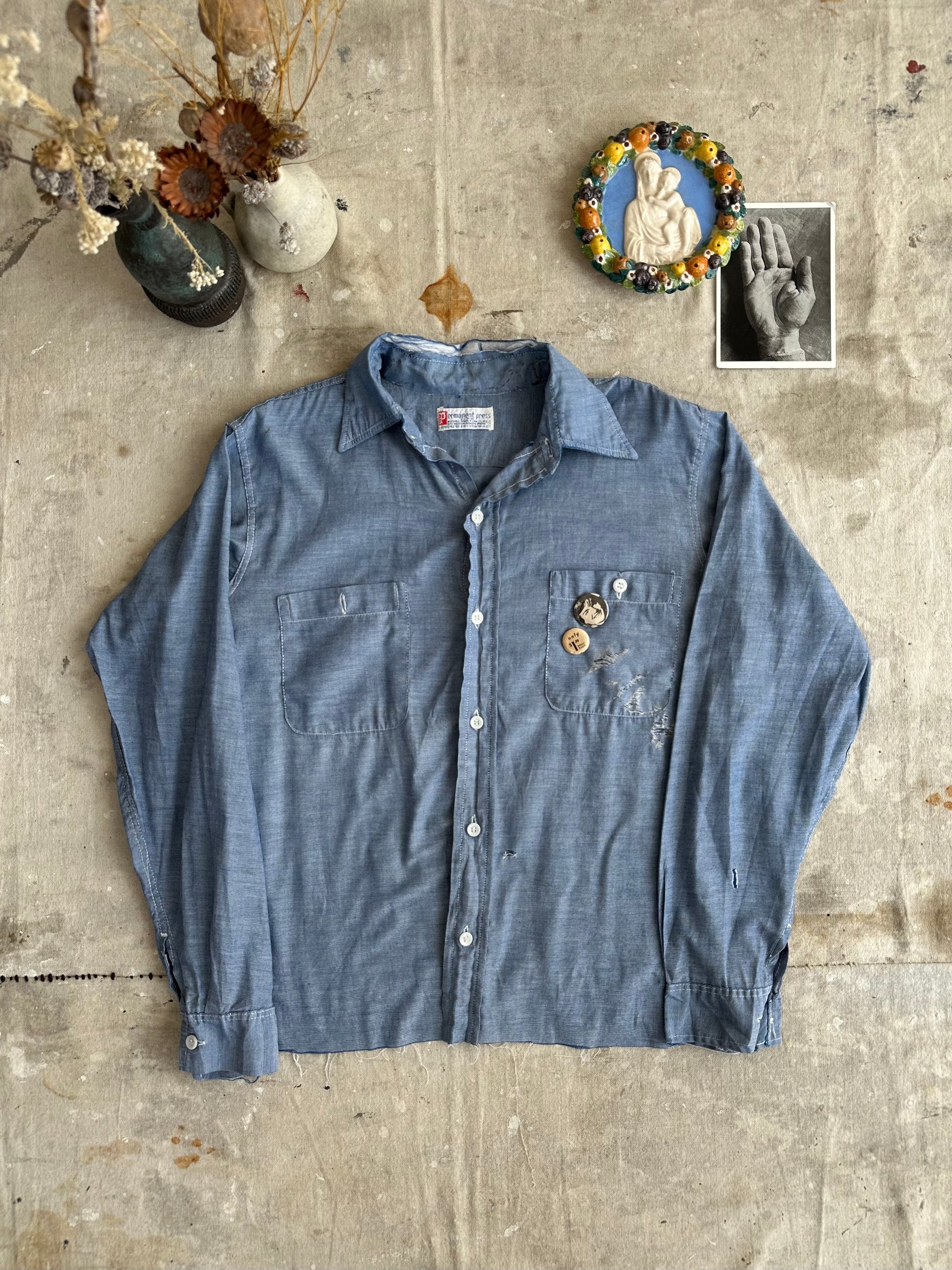 1970s Well Worn Paper Thin Chambray Button Up W/ Pins