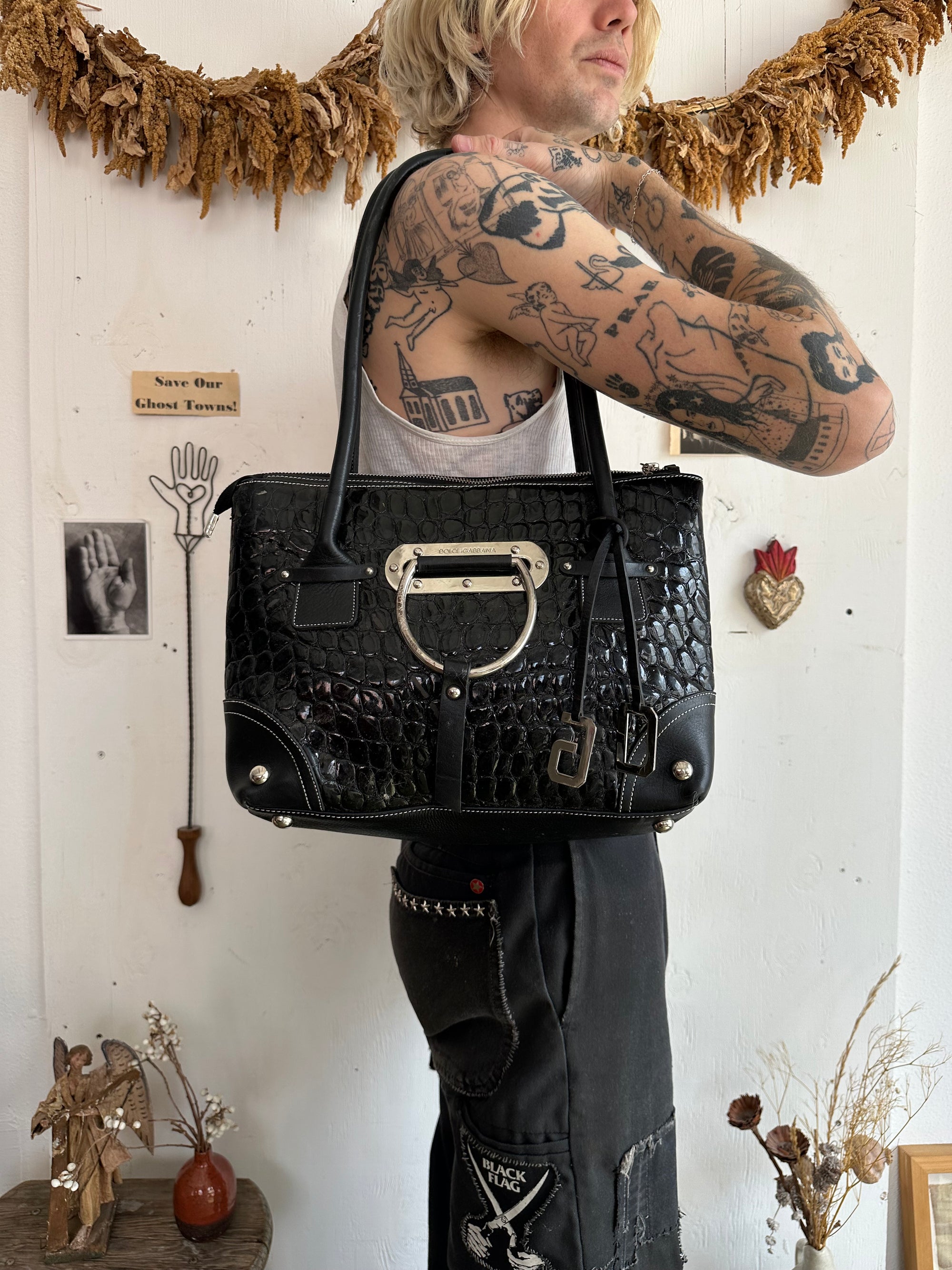 2000s Dolce & Gabbana Croc Embossed Leather Bag