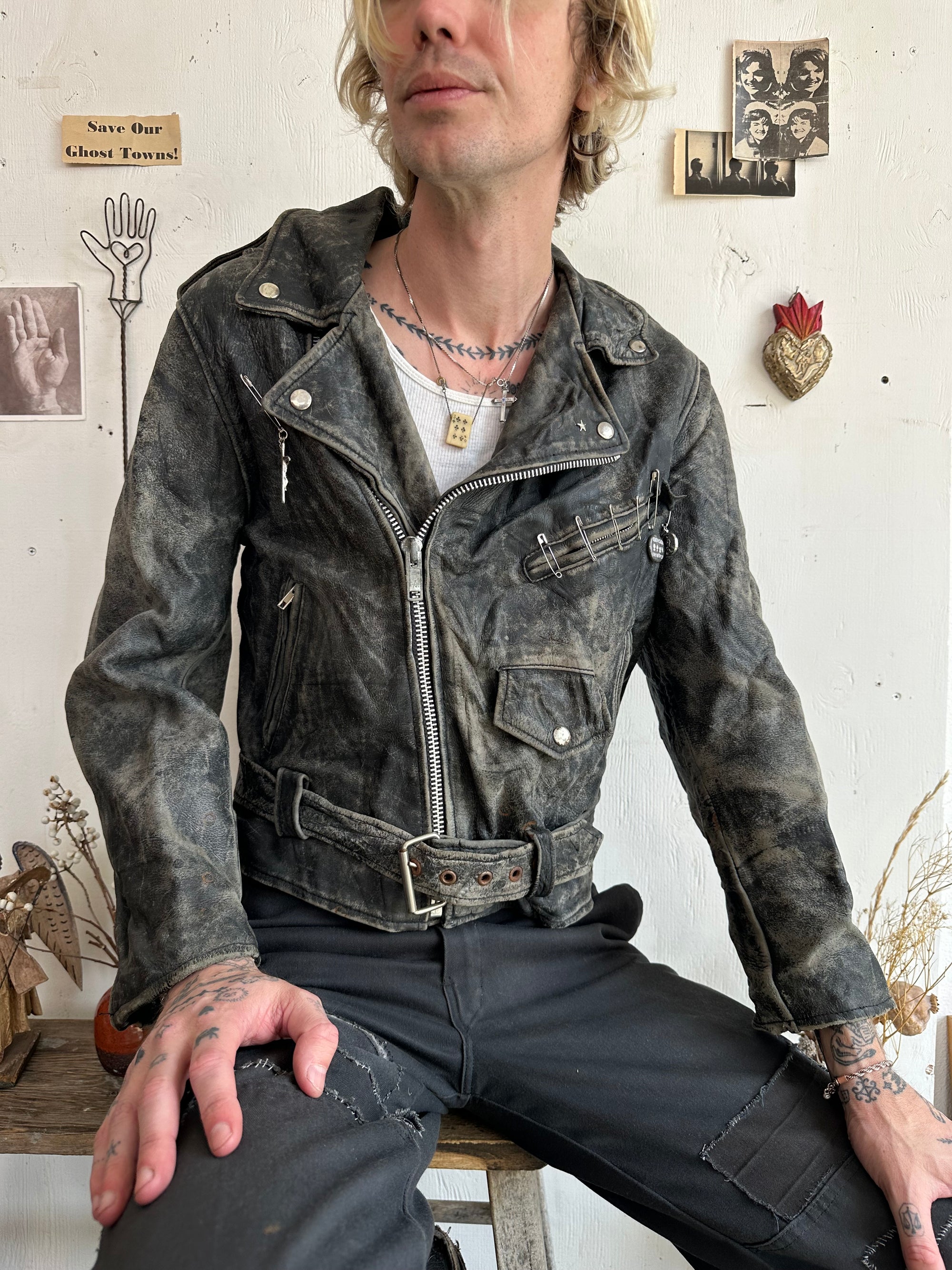 1970s Thrashed Leather Motorcycle Jacket W/ Pins