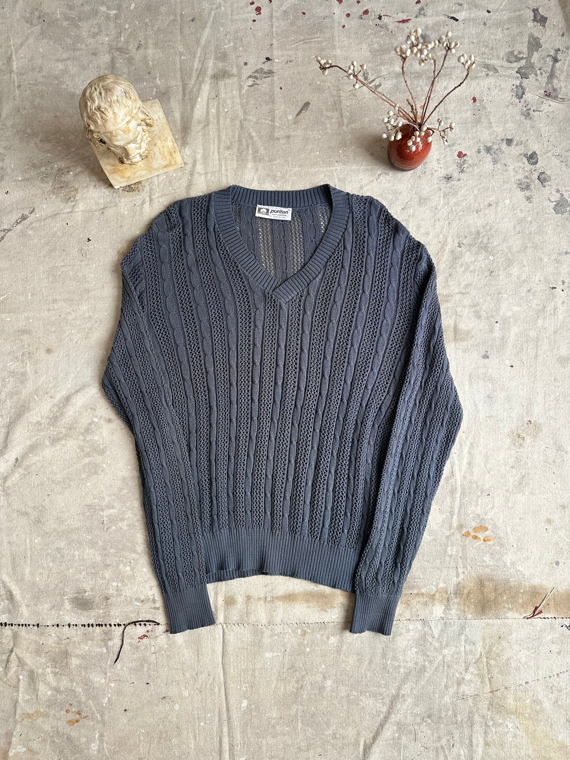 1980s Sheer 100% Cotton Cable Knit V-Neck