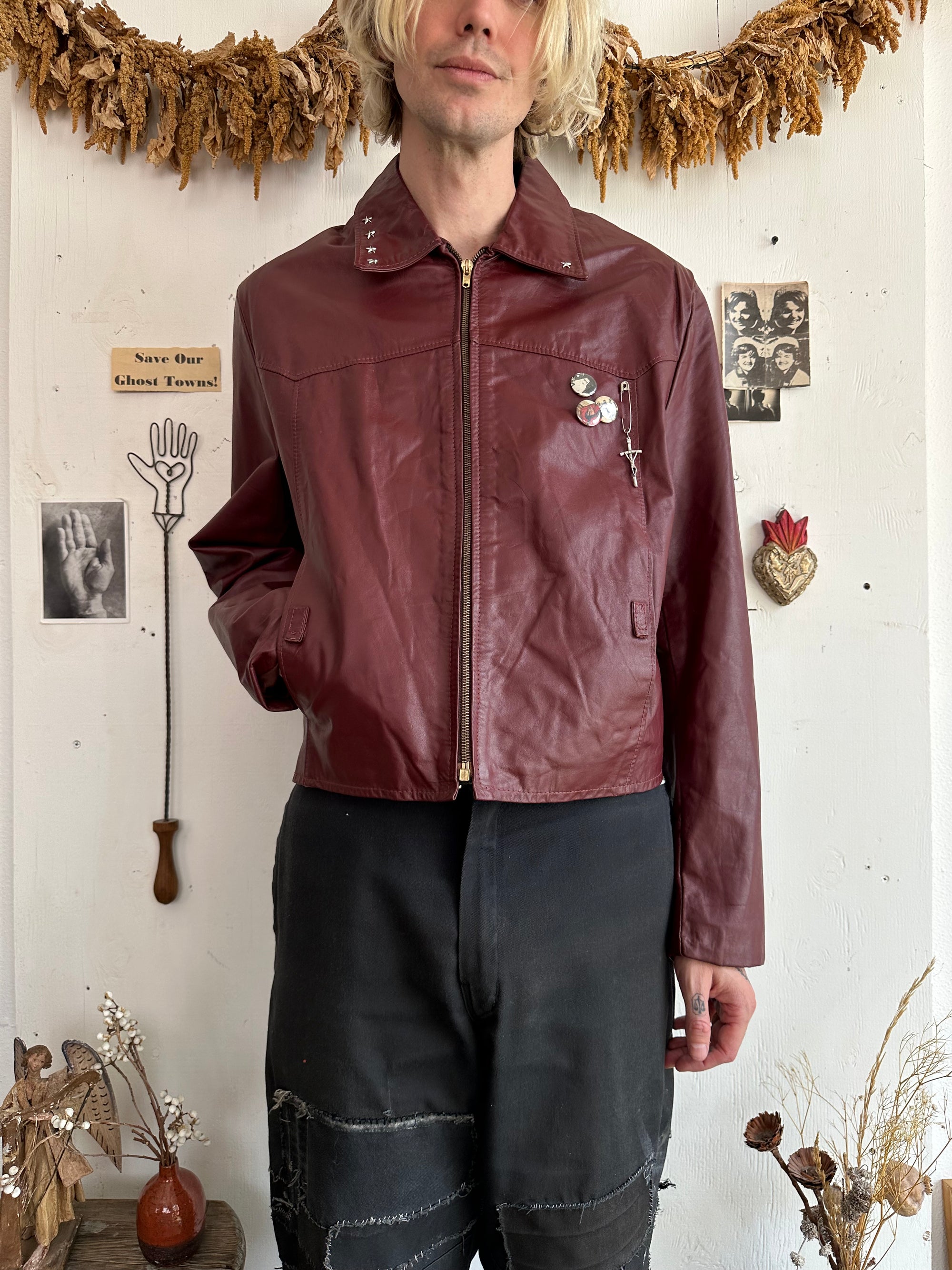 1970s Wine Red Leather Blouson W/ Pins