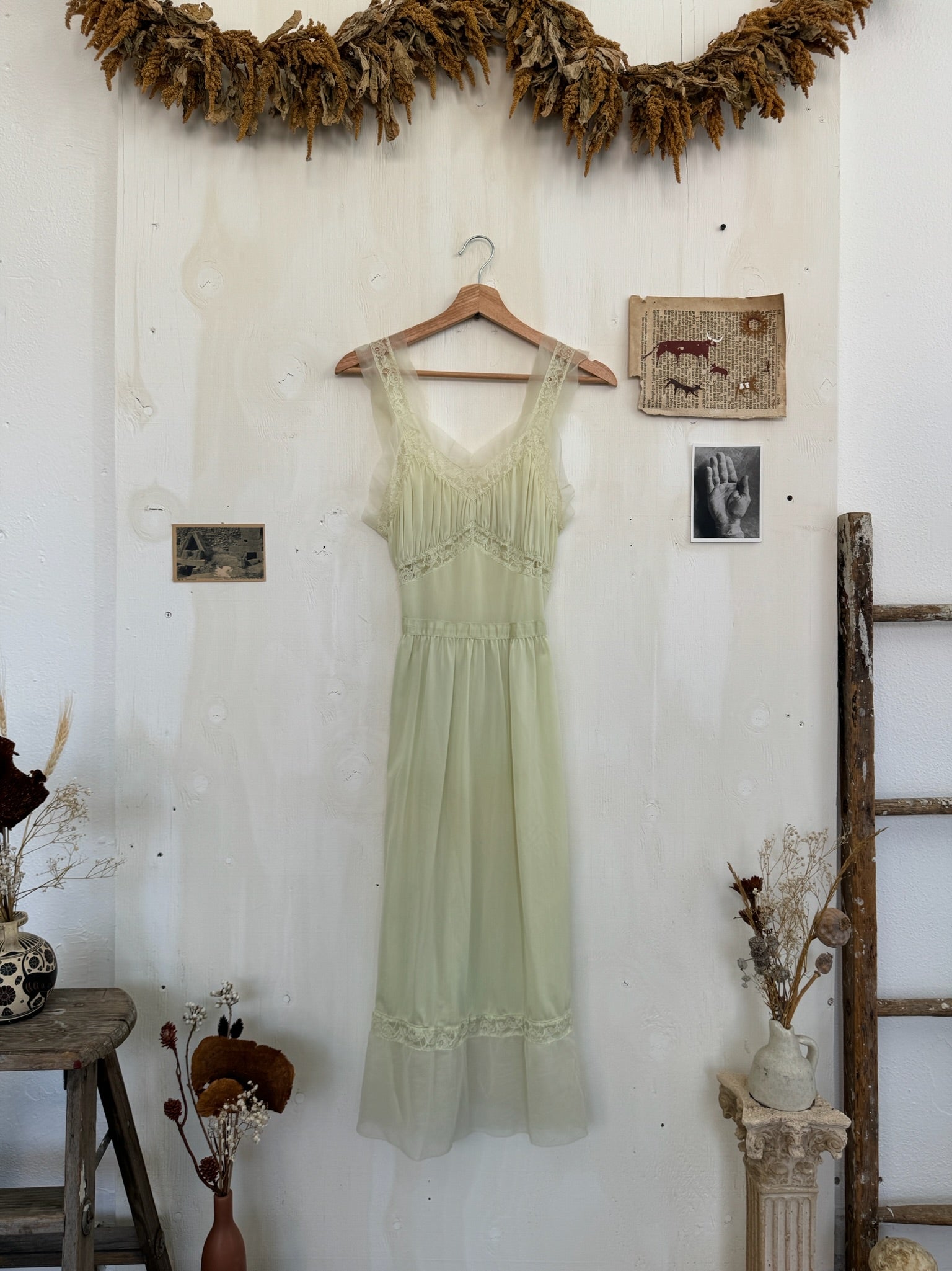 1960s Sage Green Nylon Slip Dress (S)