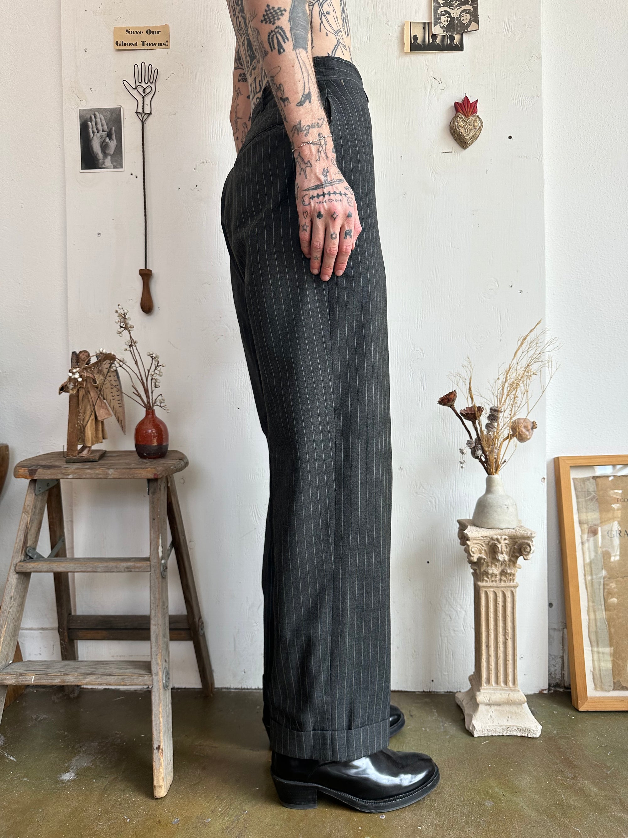 1940 Baggy Wide-Leg Charcoal Pinstripe Trousers