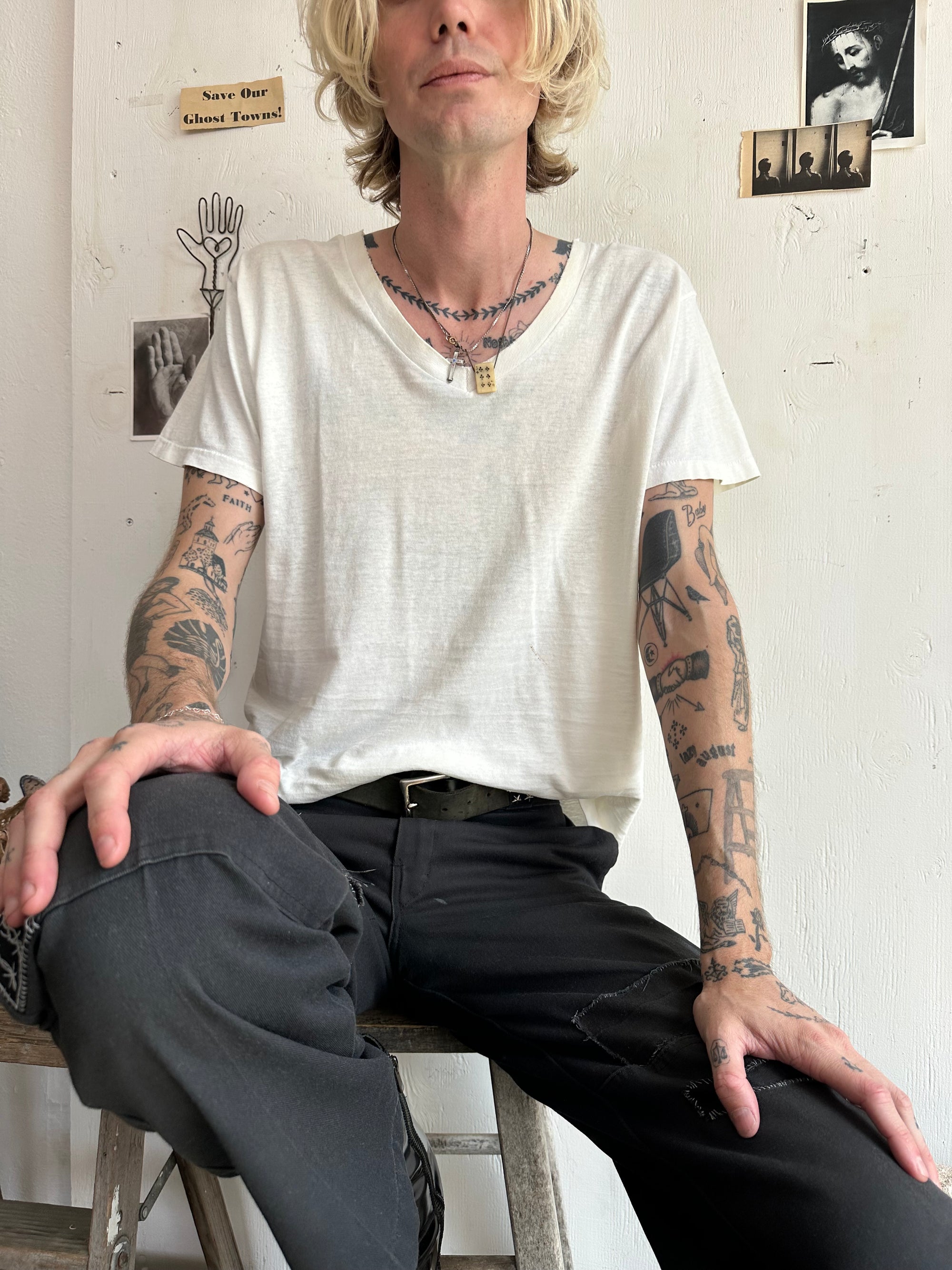 1980s Thrashed White V-Neck