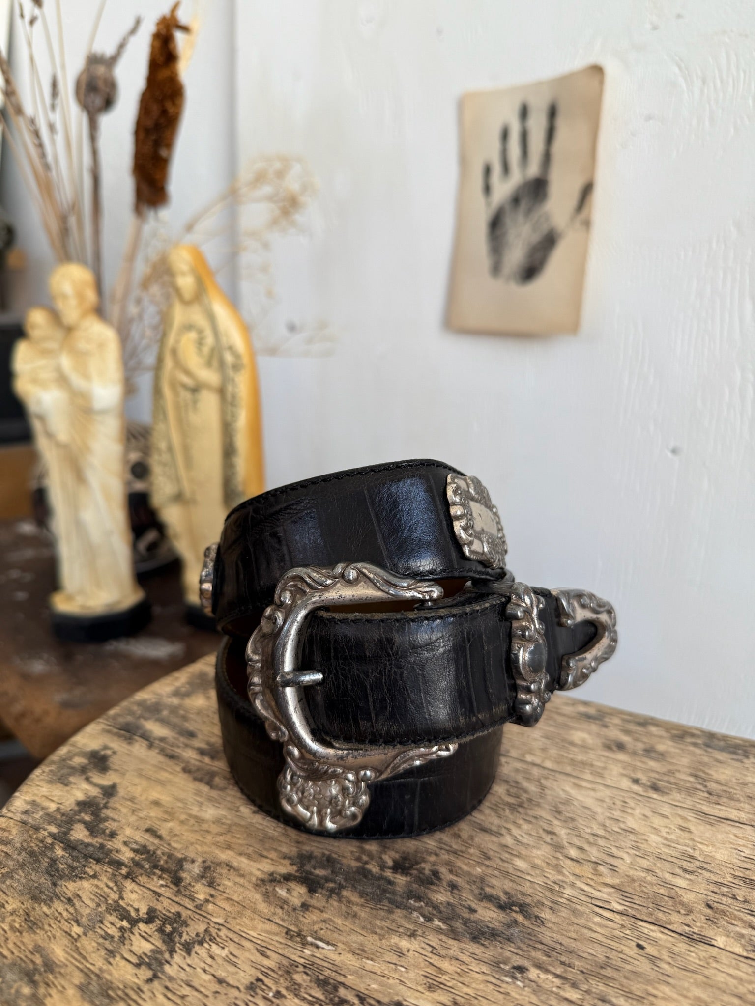 Vintage Heavy Belt W/ Metal Appliqué (28” - 30”)