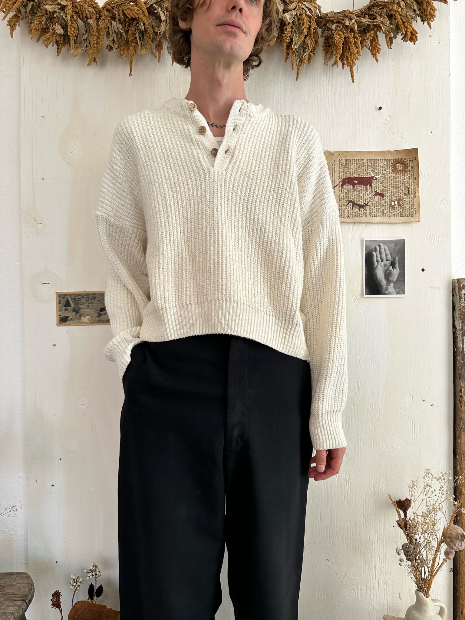 1980s Greek Cropped Cotton Henley Sweater (Boxy L)