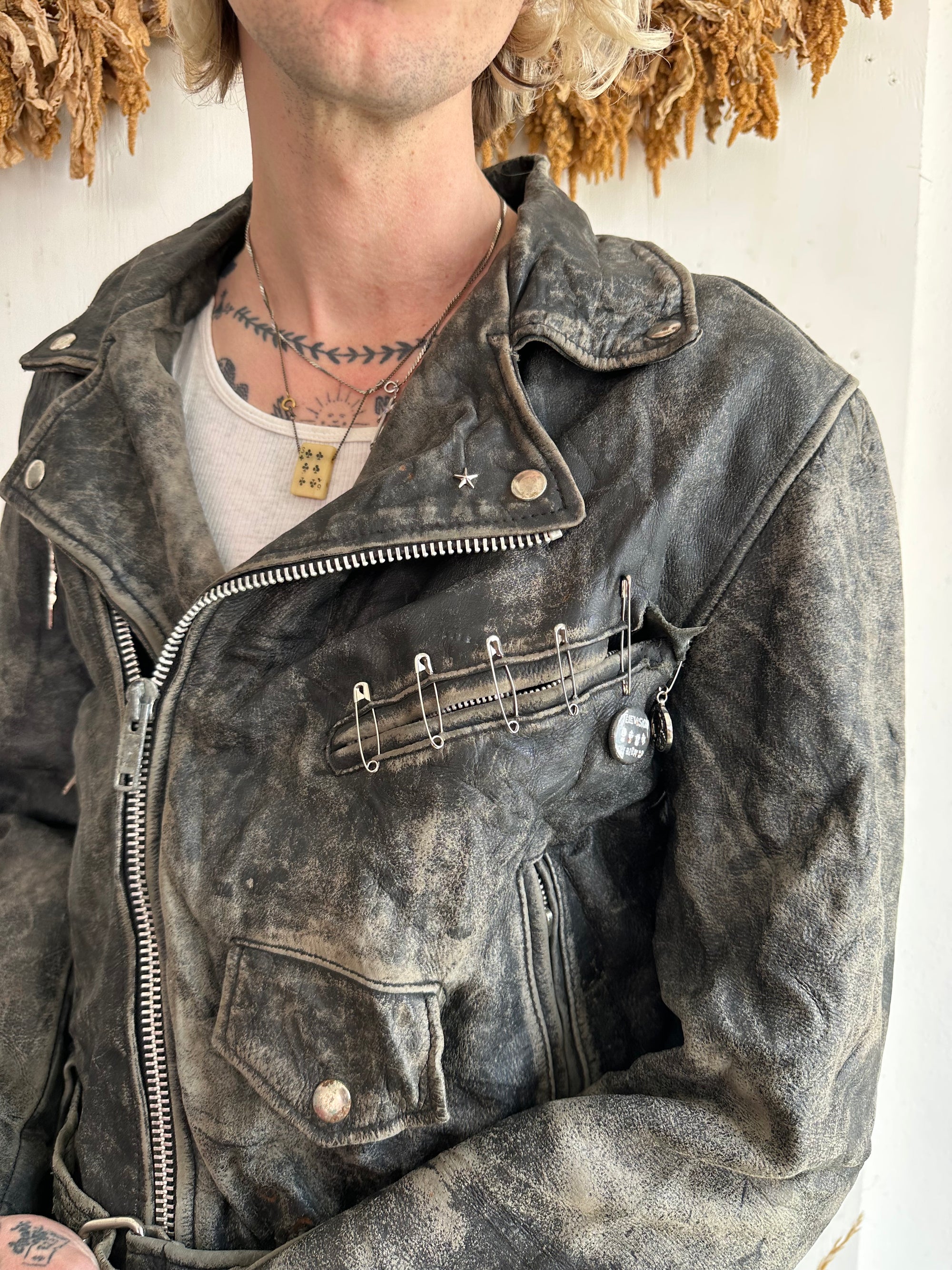 1970s Thrashed Leather Motorcycle Jacket W/ Pins