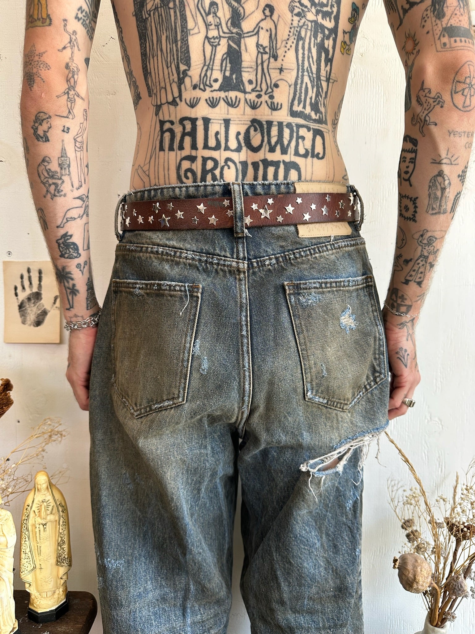 Vintage Hand Studded Brown Star Belt (35” - 39”)