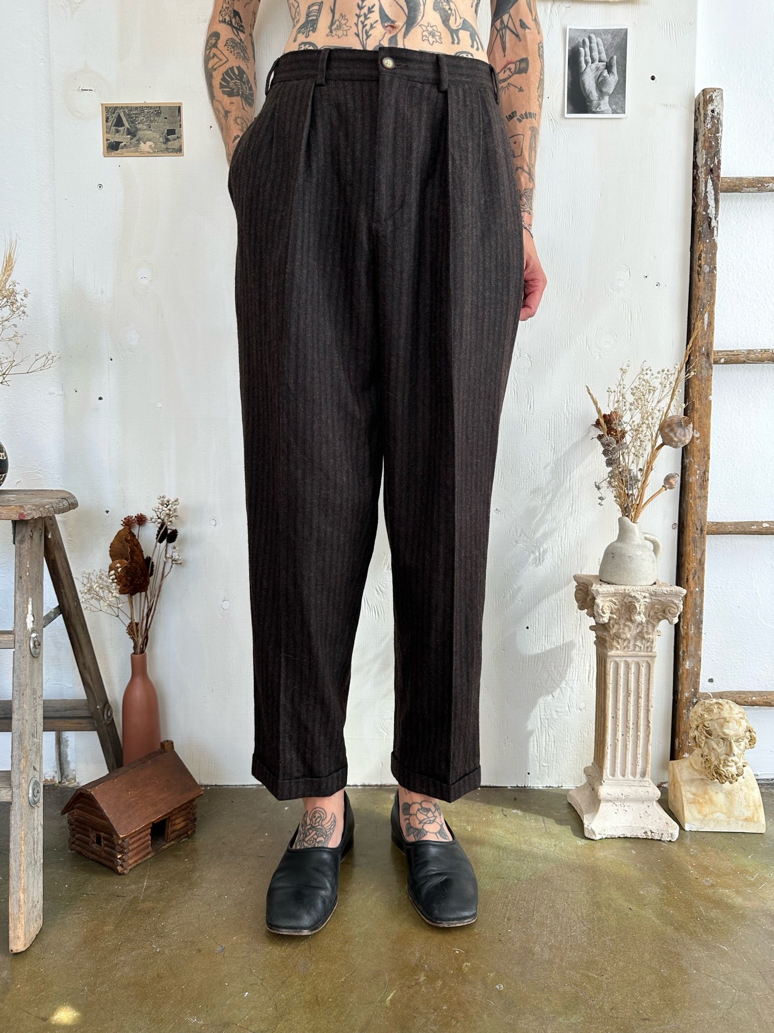 1980s Brown Striped Pleated Trousers (30/30)