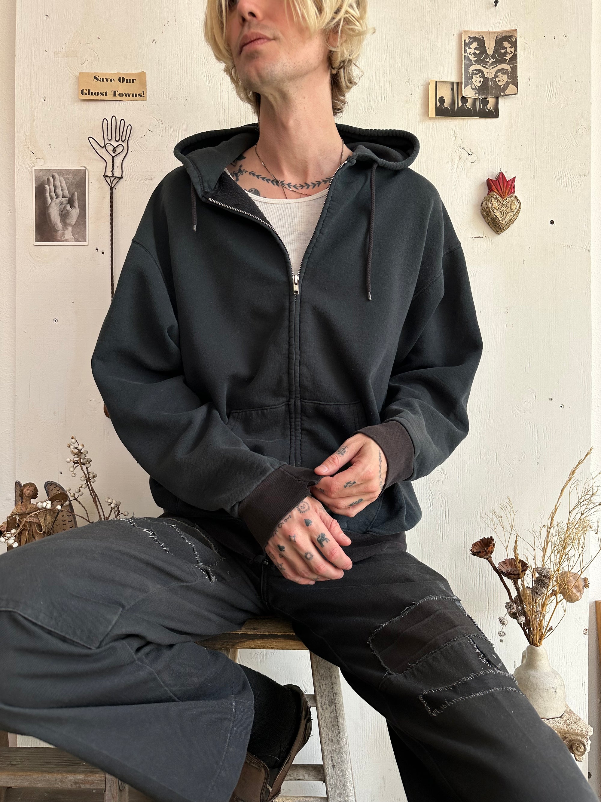 1990s Faded Two-Tone Black Zip-Up Sweater