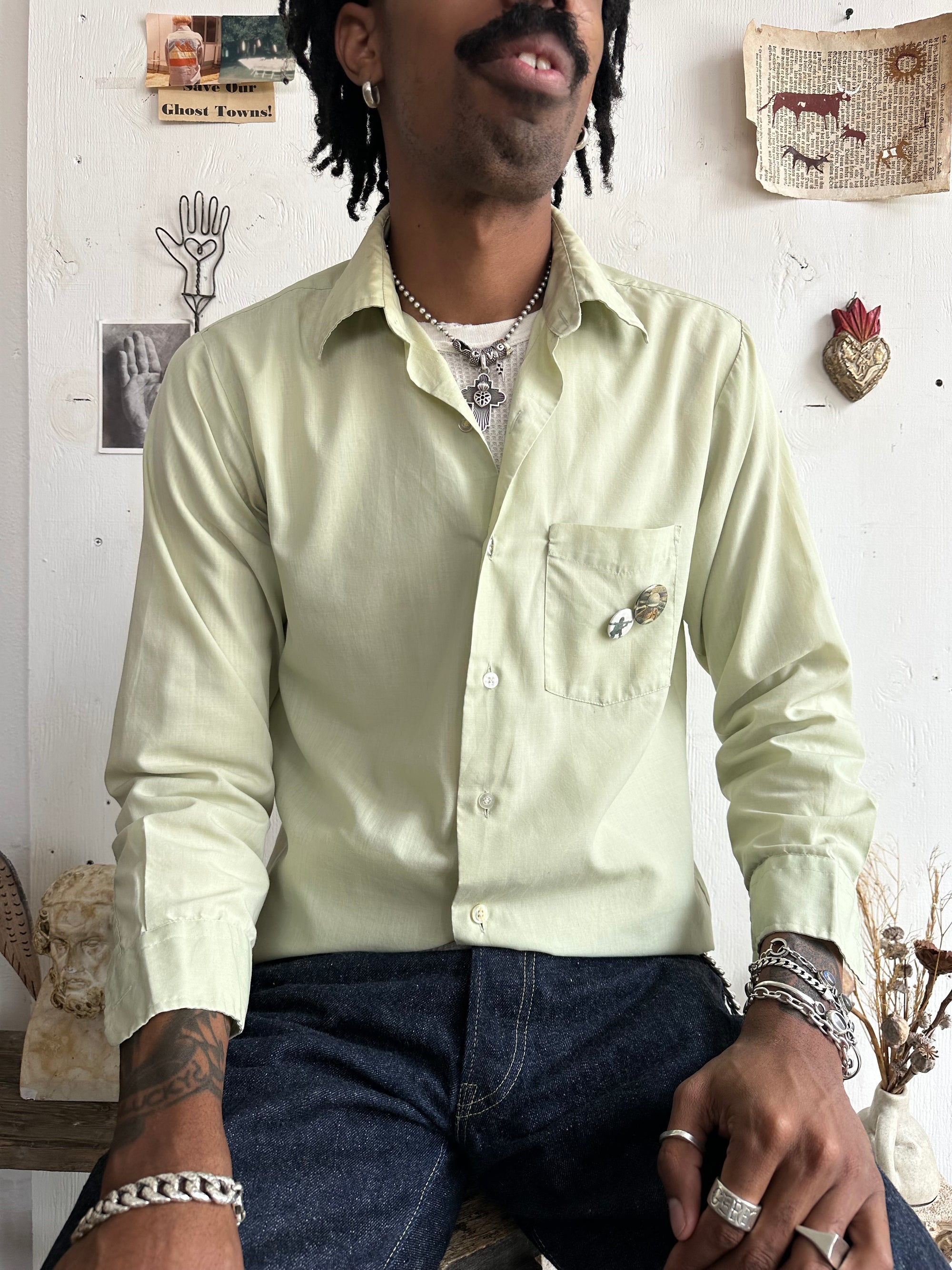 1960s Well Worn Light Green Shirt W/ Pins