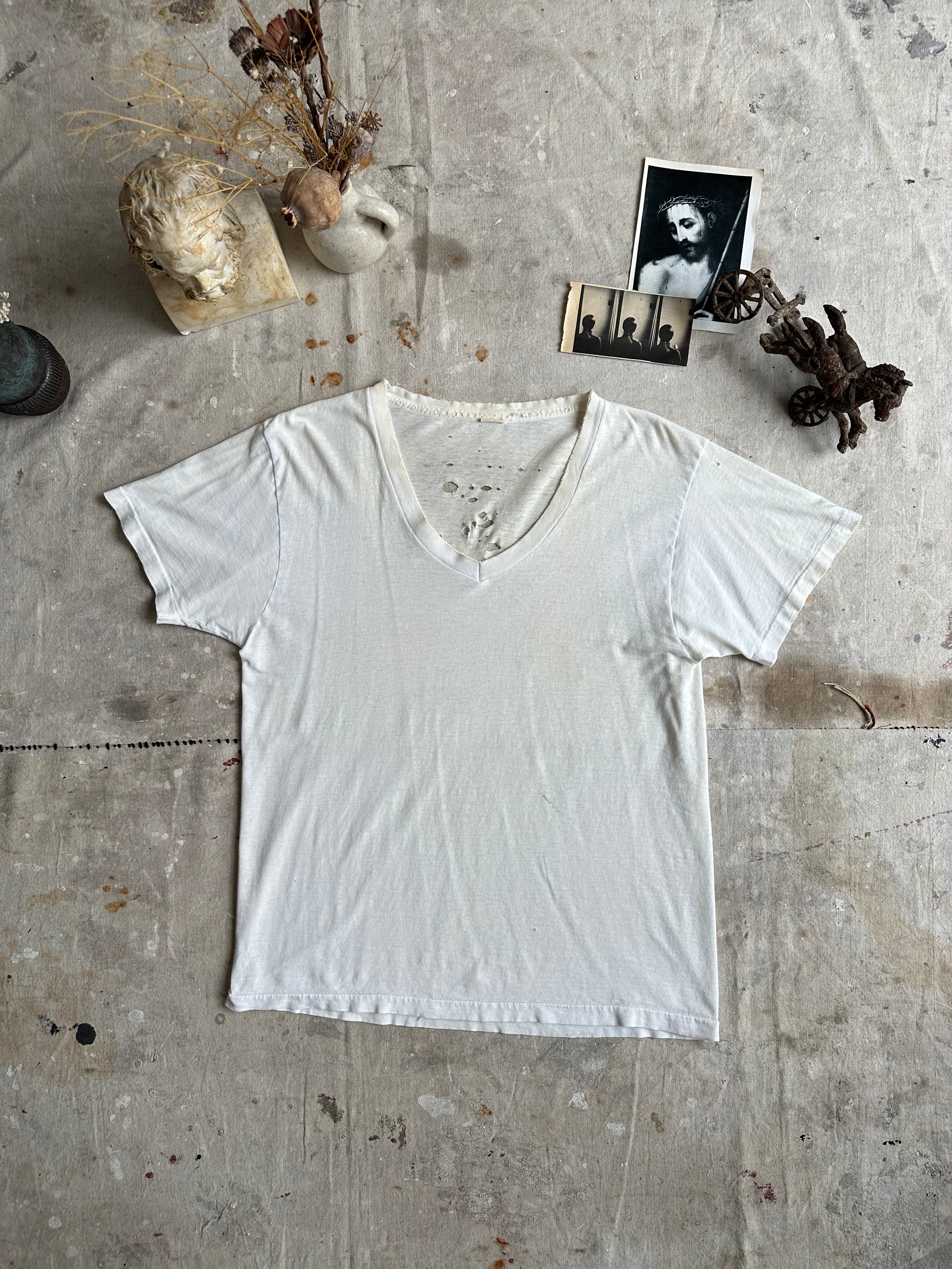 1980s Thrashed White V-Neck
