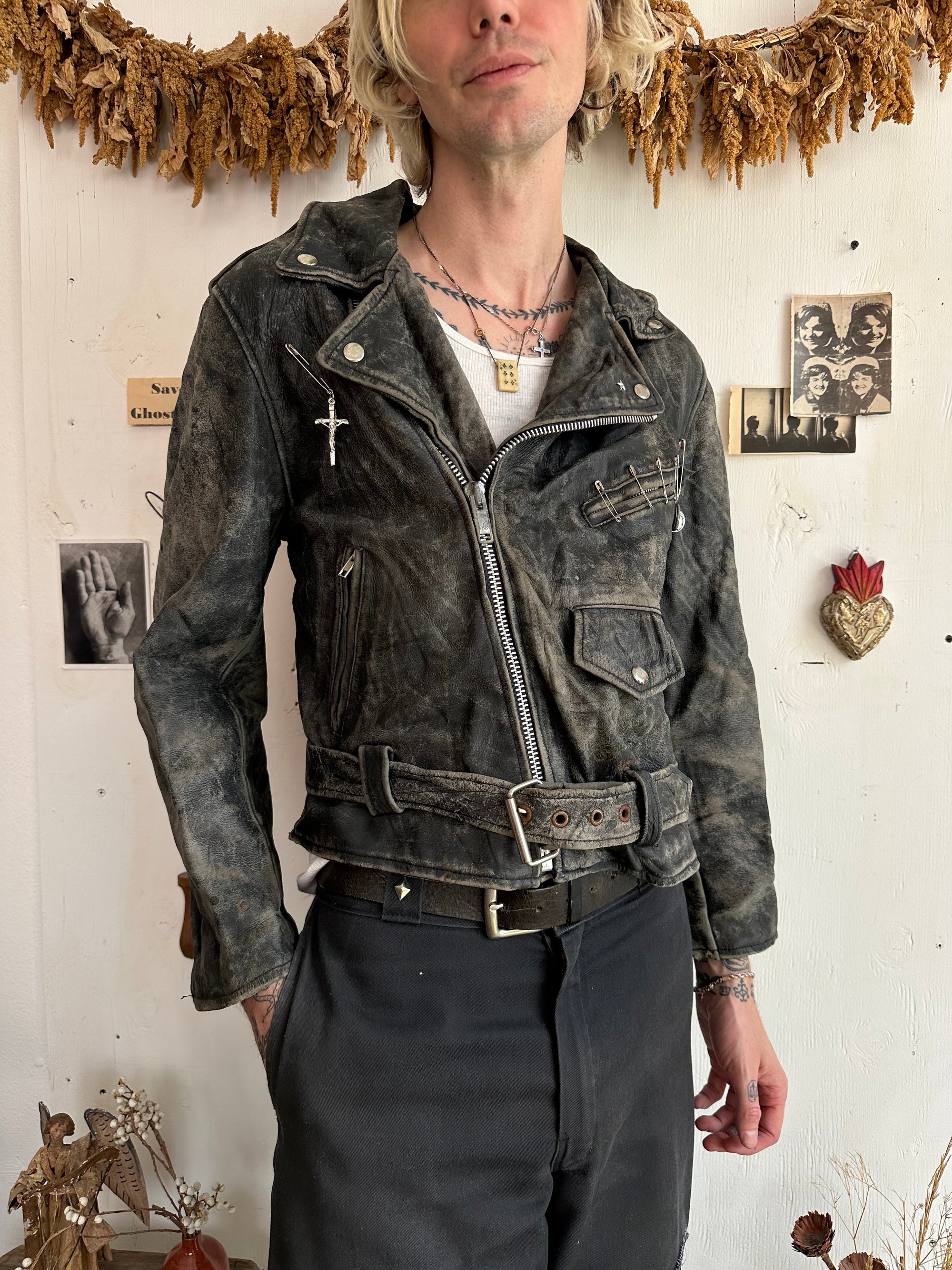 1970s Thrashed Leather Motorcycle Jacket W/ Pins