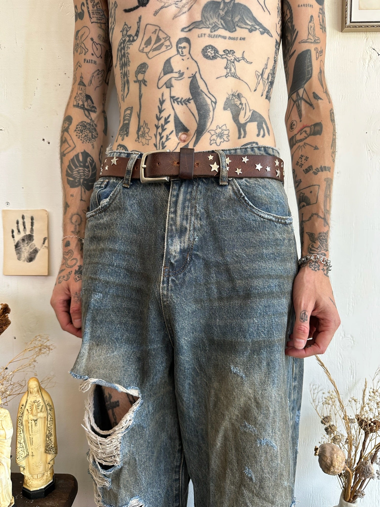 Vintage Hand Studded Brown Star Belt (35” - 39”)