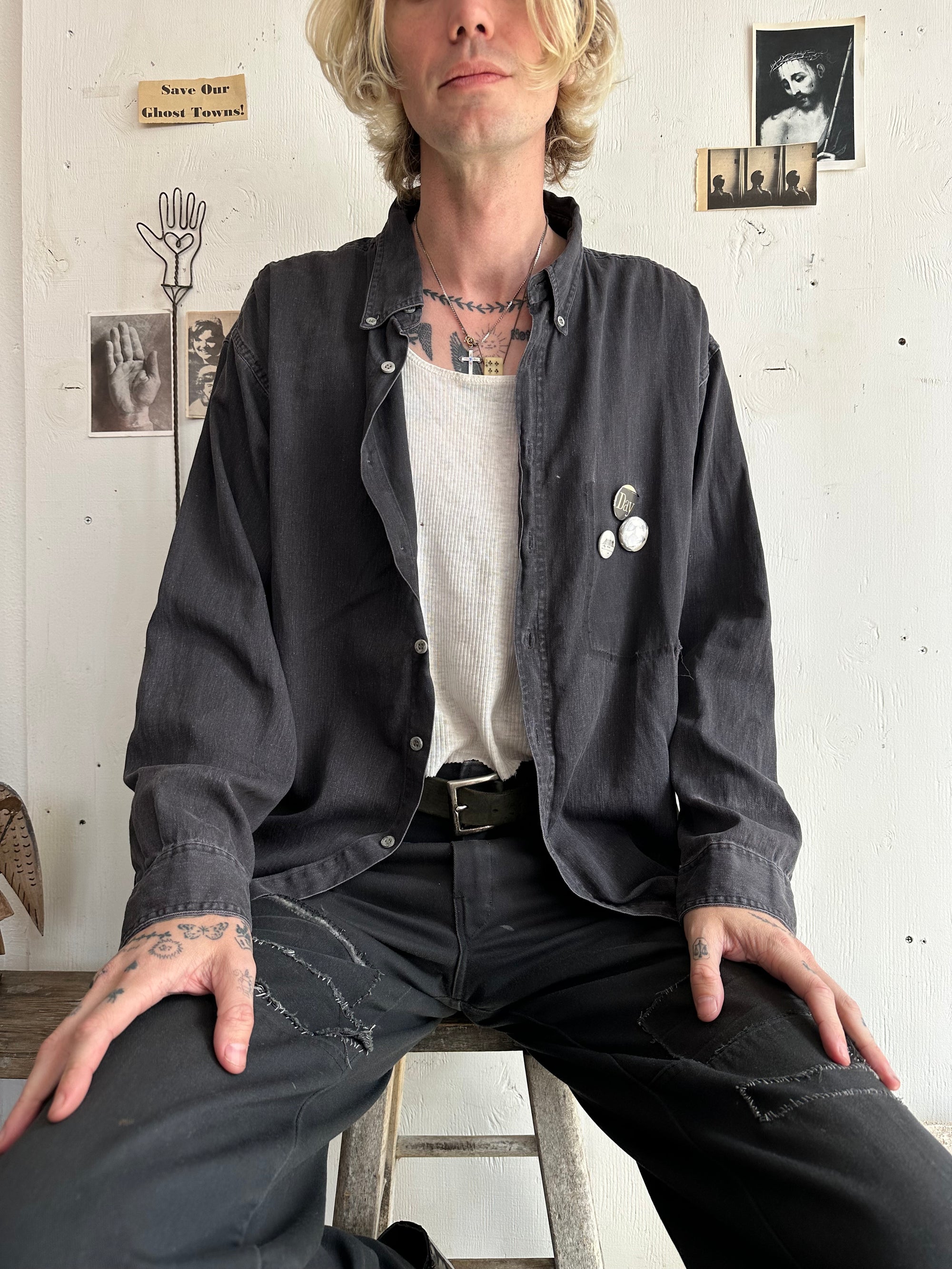 1990s Faded Black Button Down W/ Pins