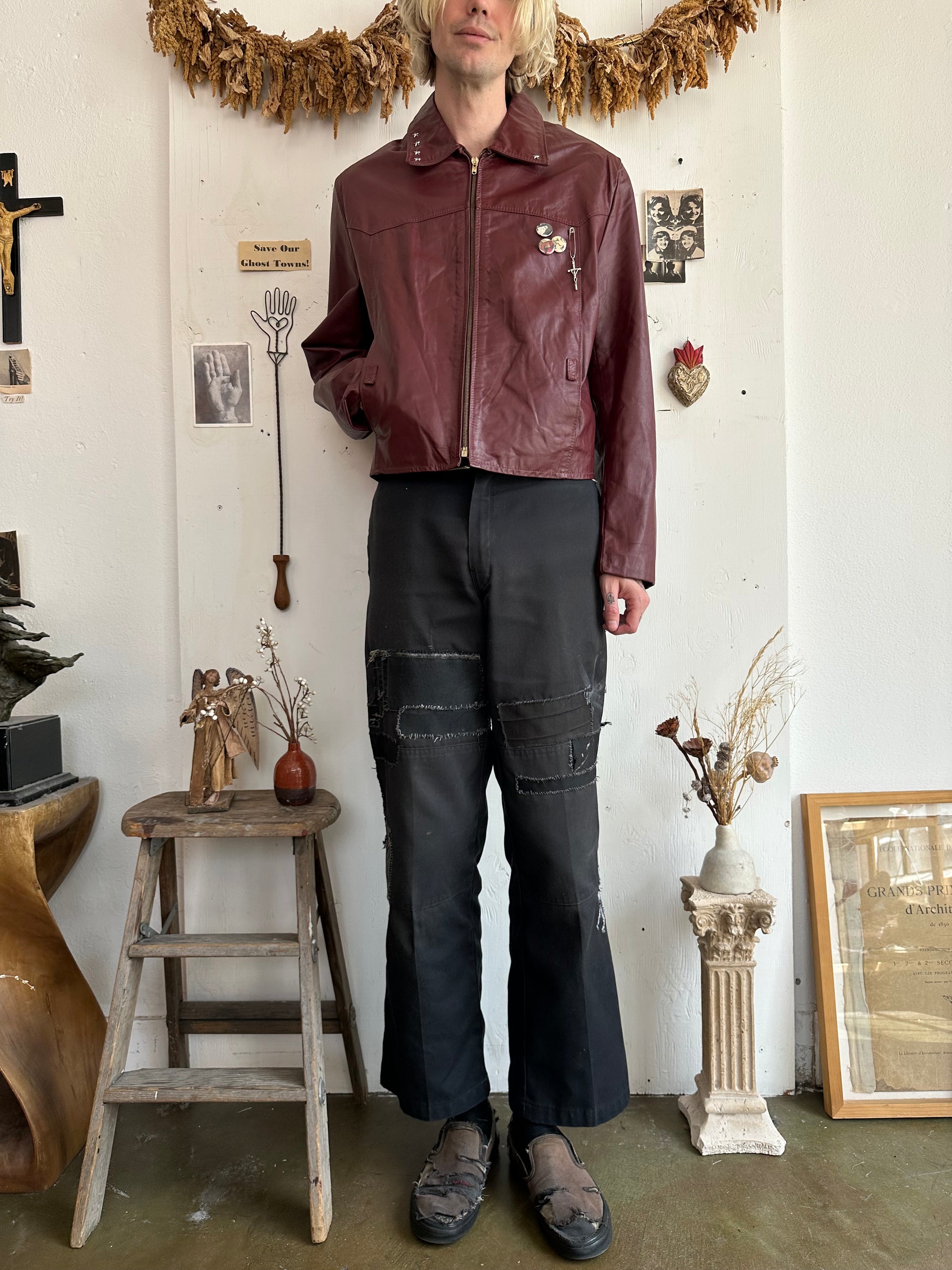 1970s Wine Red Leather Blouson W/ Pins