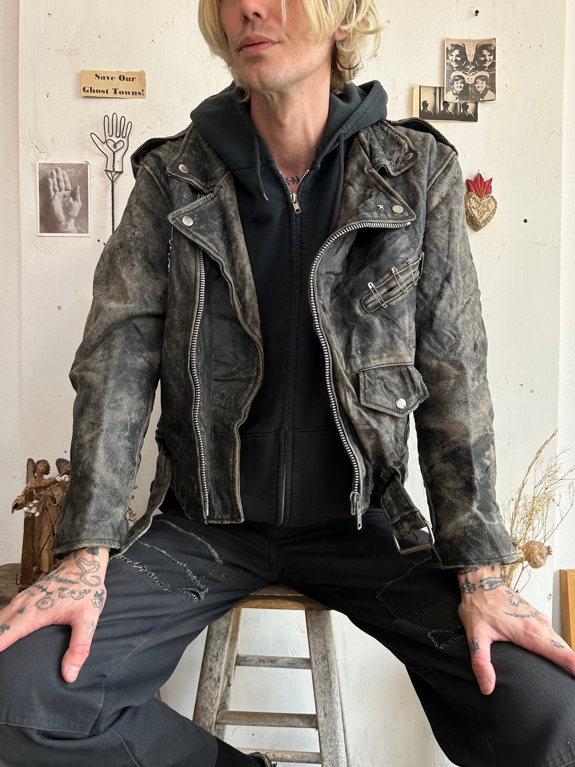 1970s Thrashed Leather Motorcycle Jacket W/ Pins