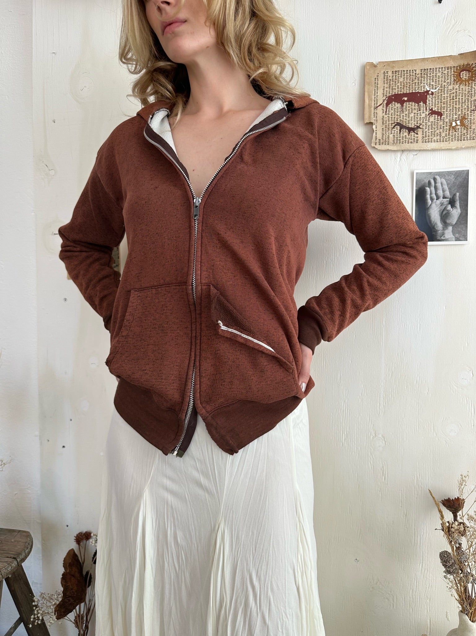 1970s Sun-Faded Thermal Lined Brown Hoodie (S/M)