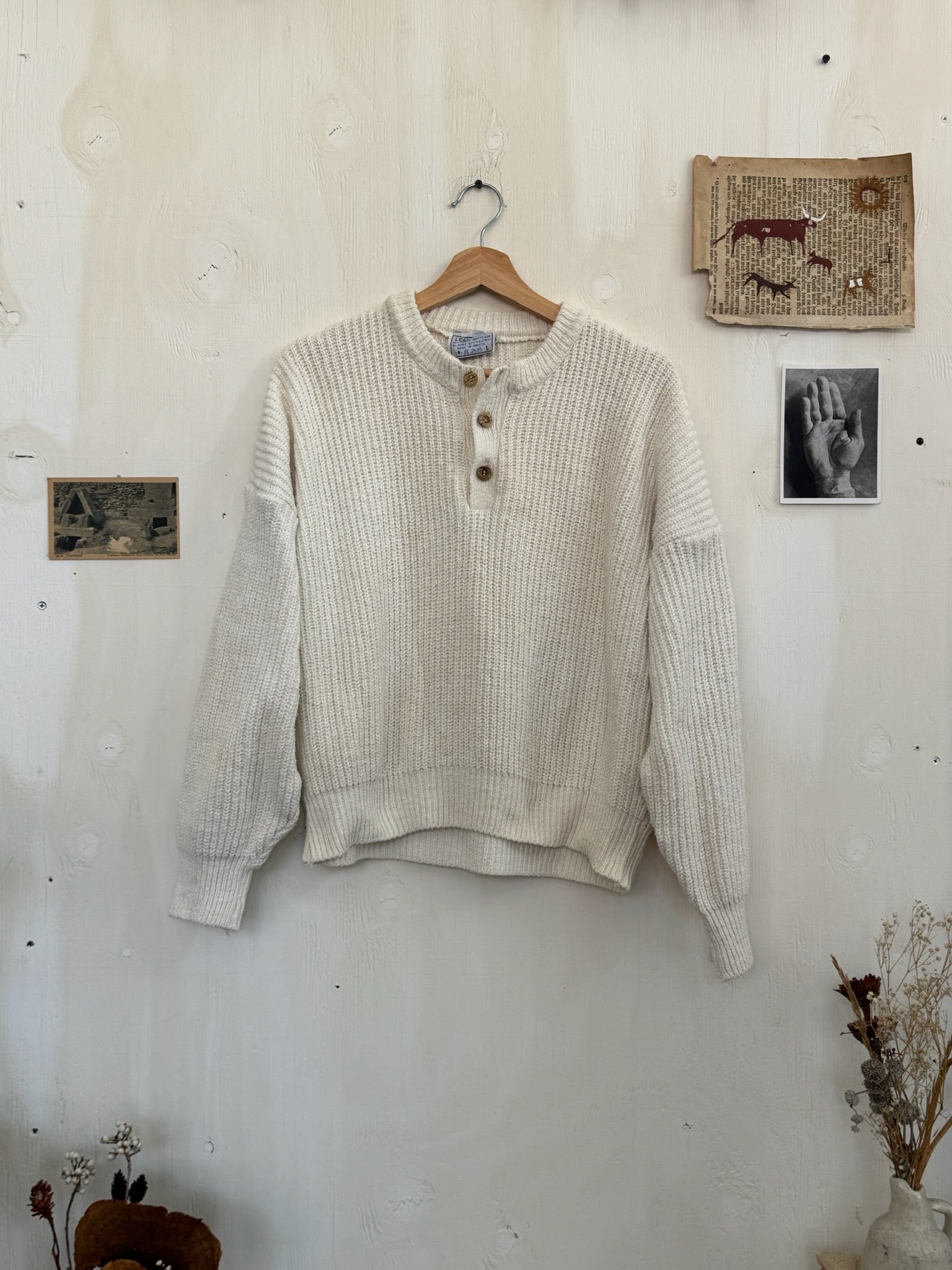 1980s Greek Cropped Cotton Henley Sweater (Boxy L)