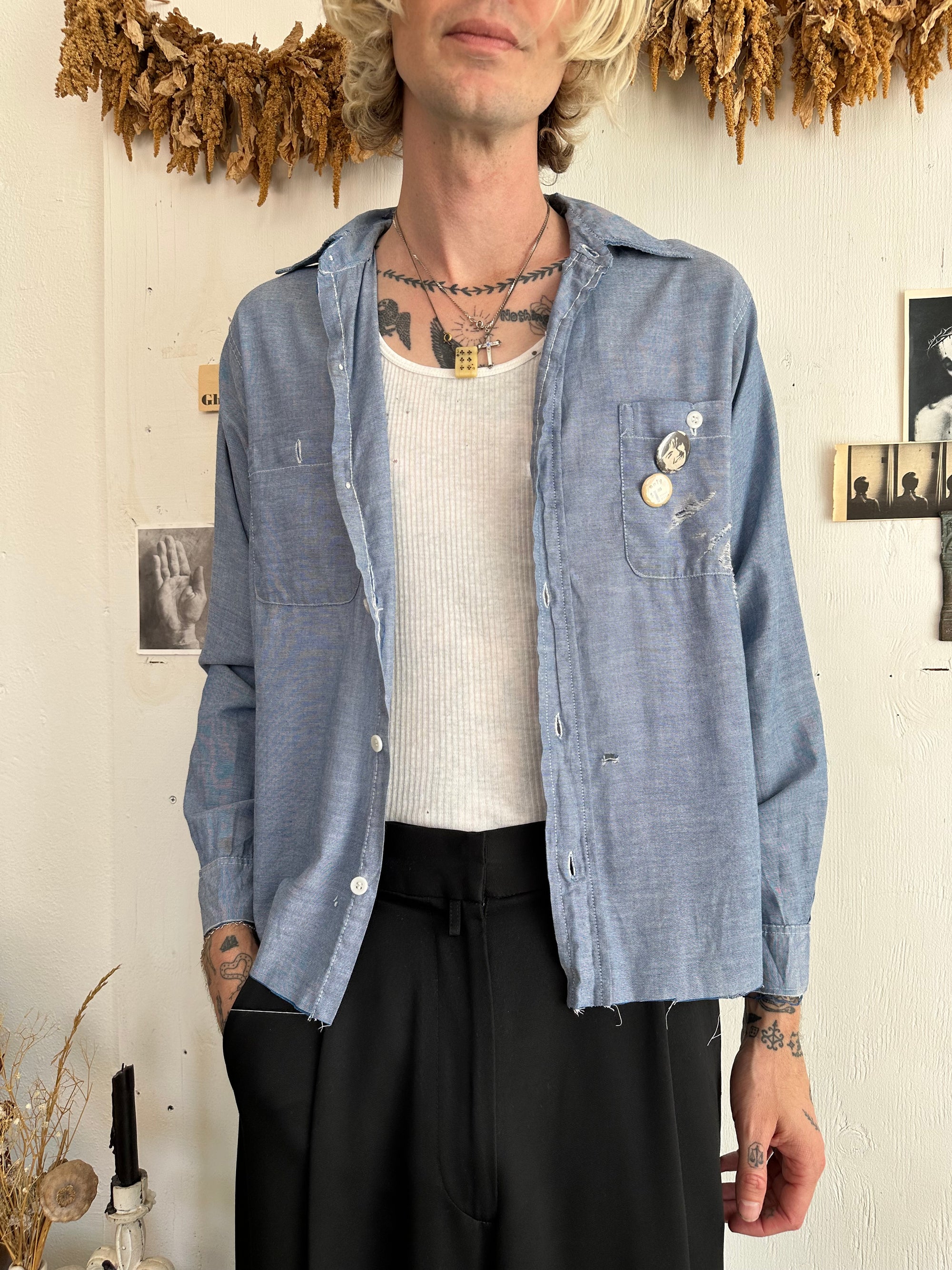 1970s Well Worn Paper Thin Chambray Button Up W/ Pins