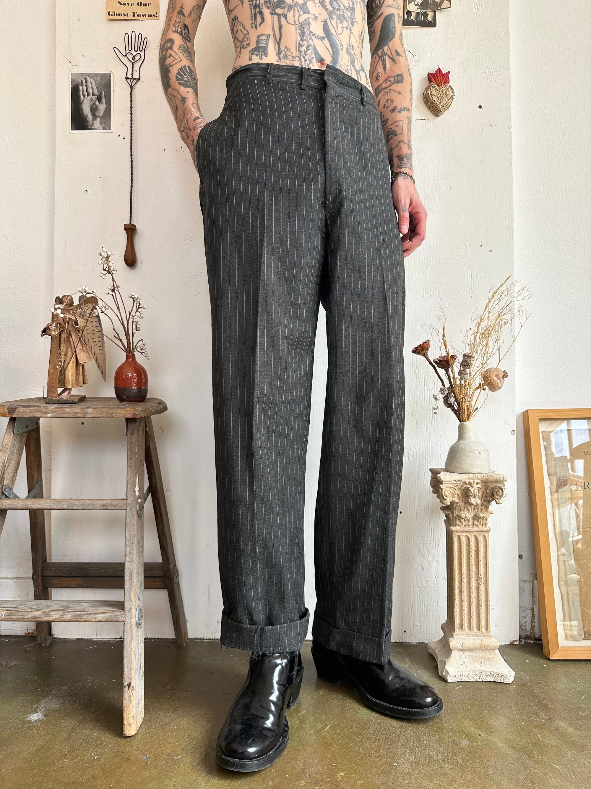 1940 Baggy Wide-Leg Charcoal Pinstripe Trousers