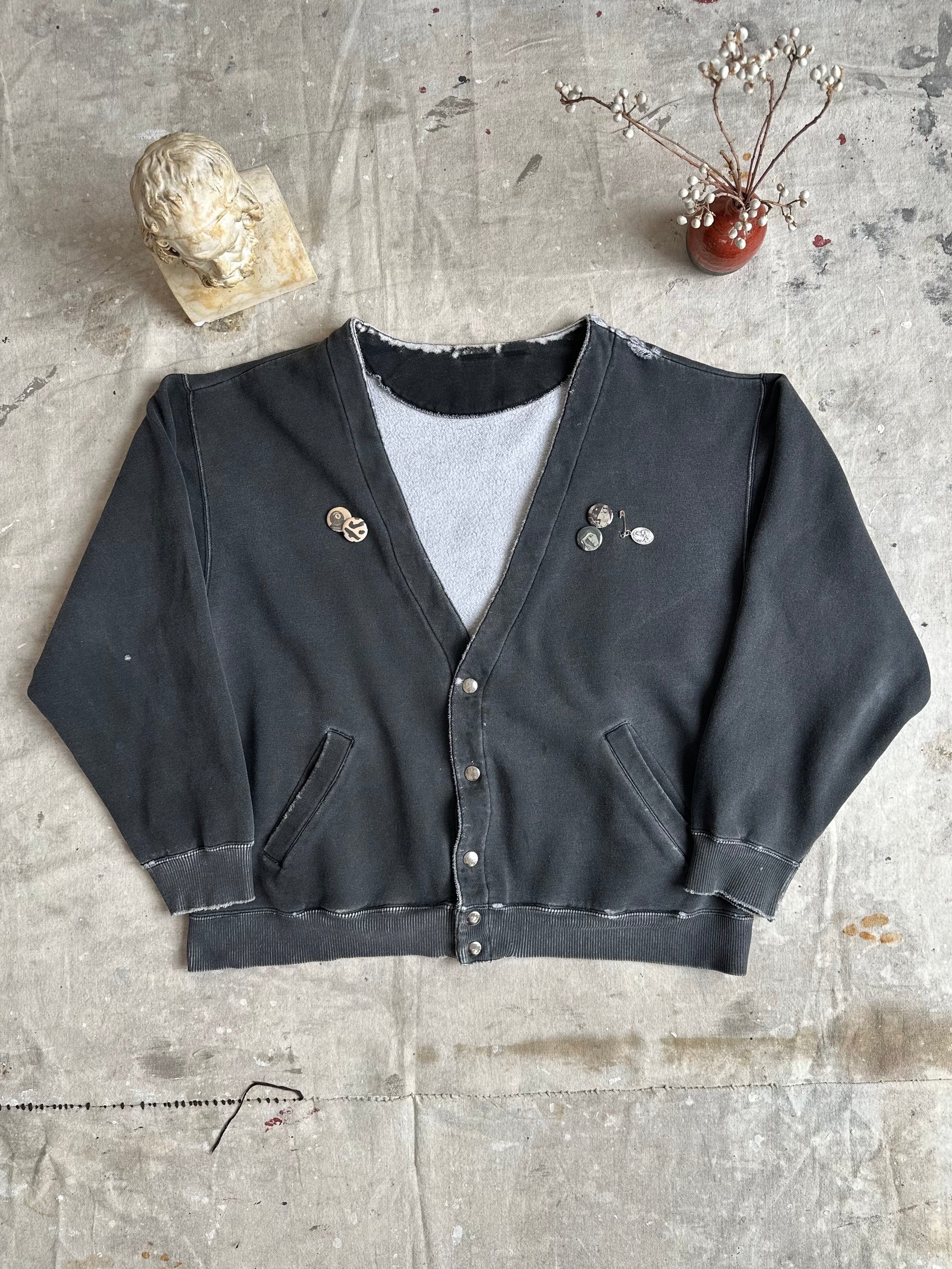 1980s Well Worn Black Sweatshirt Cardigan W/ Pins