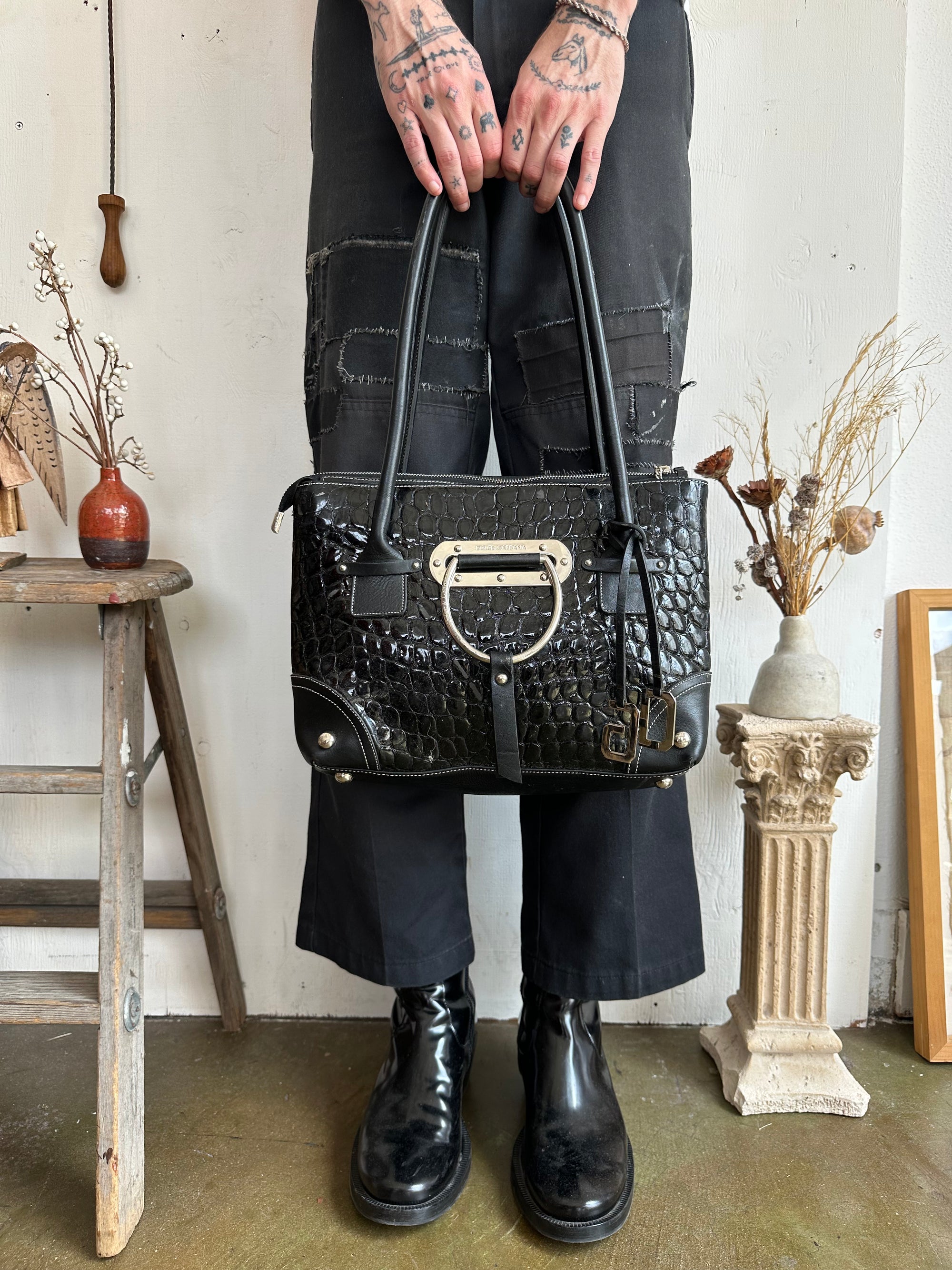 2000s Dolce & Gabbana Croc Embossed Leather Bag