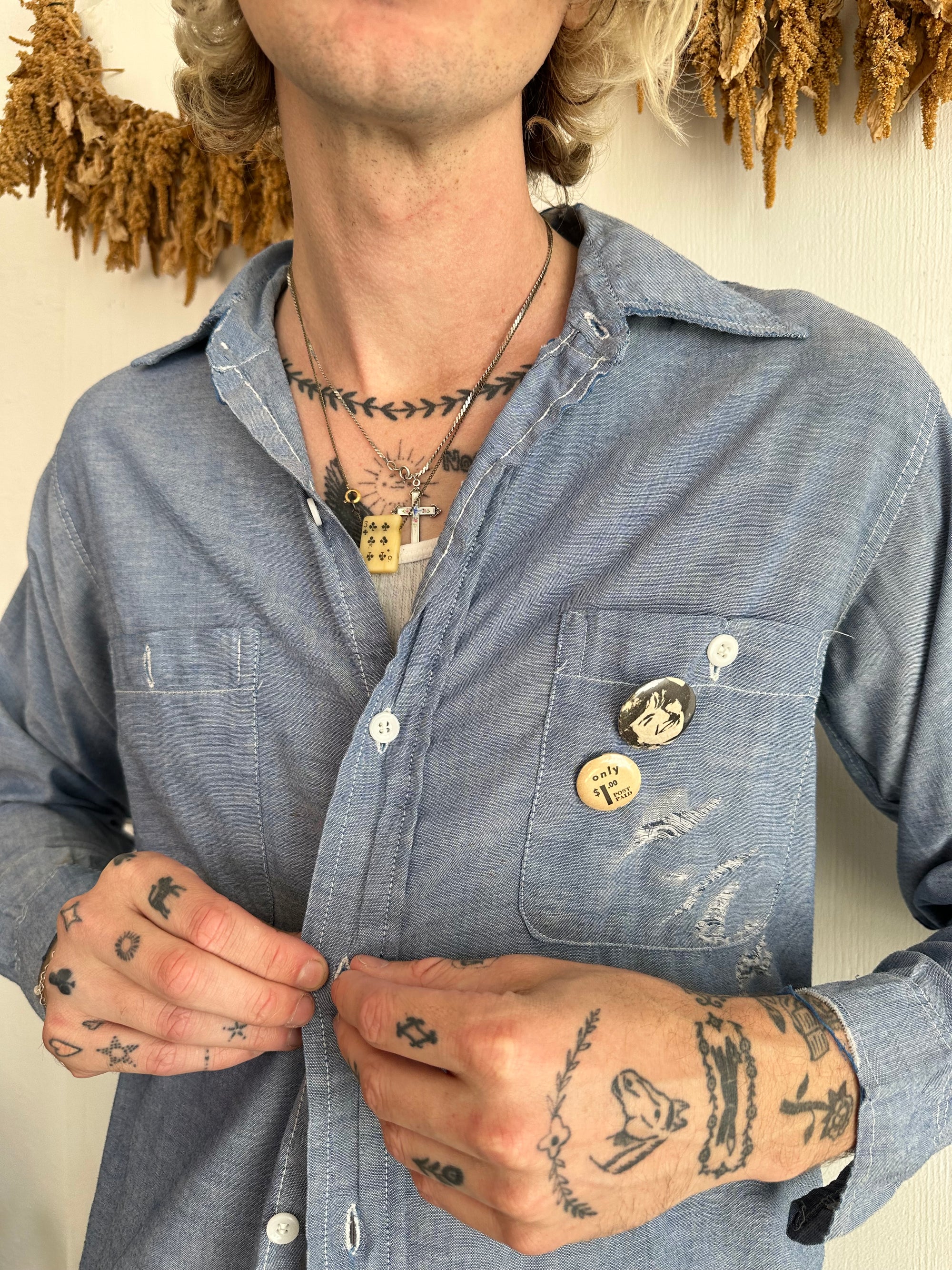 1970s Well Worn Paper Thin Chambray Button Up W/ Pins