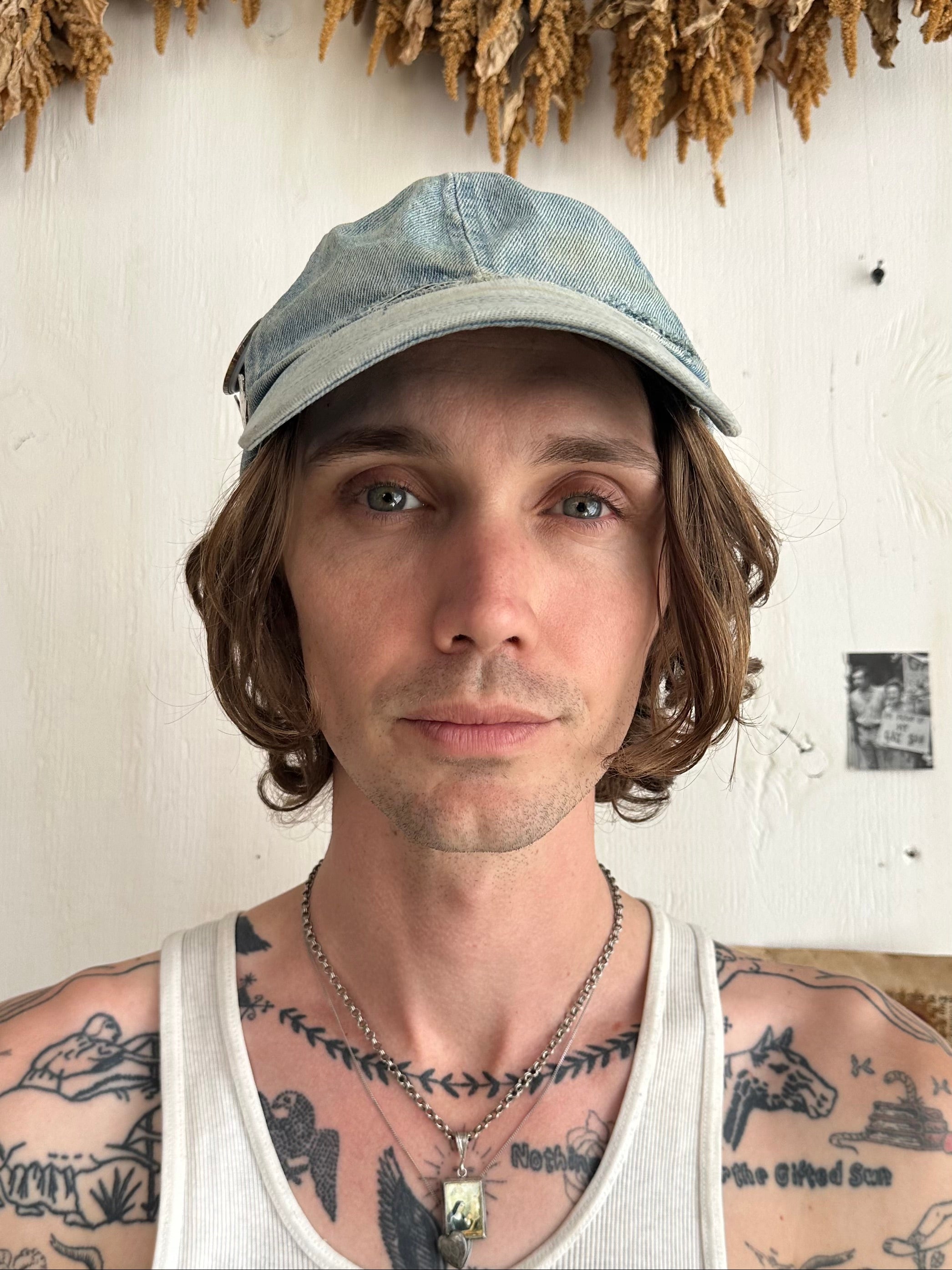 Vintage Thrashed Denim Cap W/ Vintage Enamel Pins + Studs (OS)