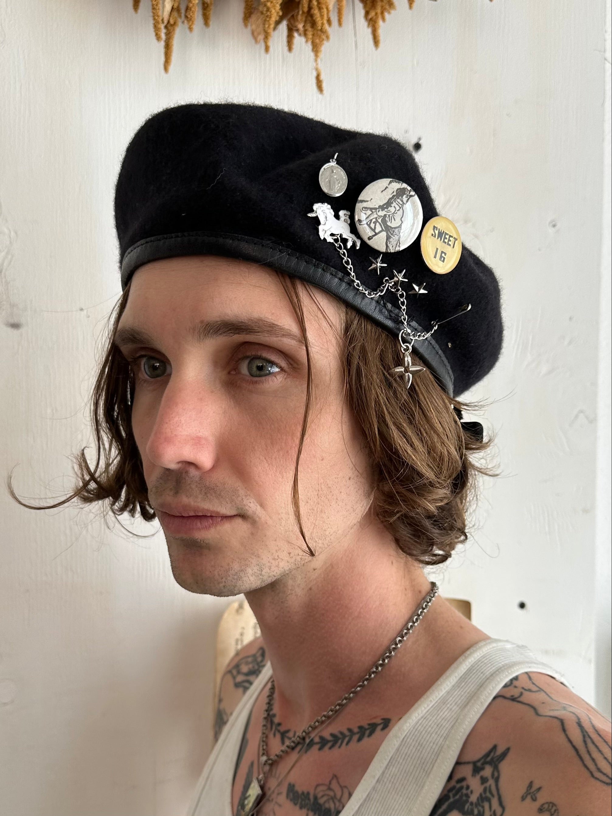 Wool Beret W/ Various Vintage Pins + Chain (7.5)