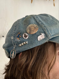 Vintage Thrashed Denim Cap W/ Vintage Enamel Pins + Studs (OS)