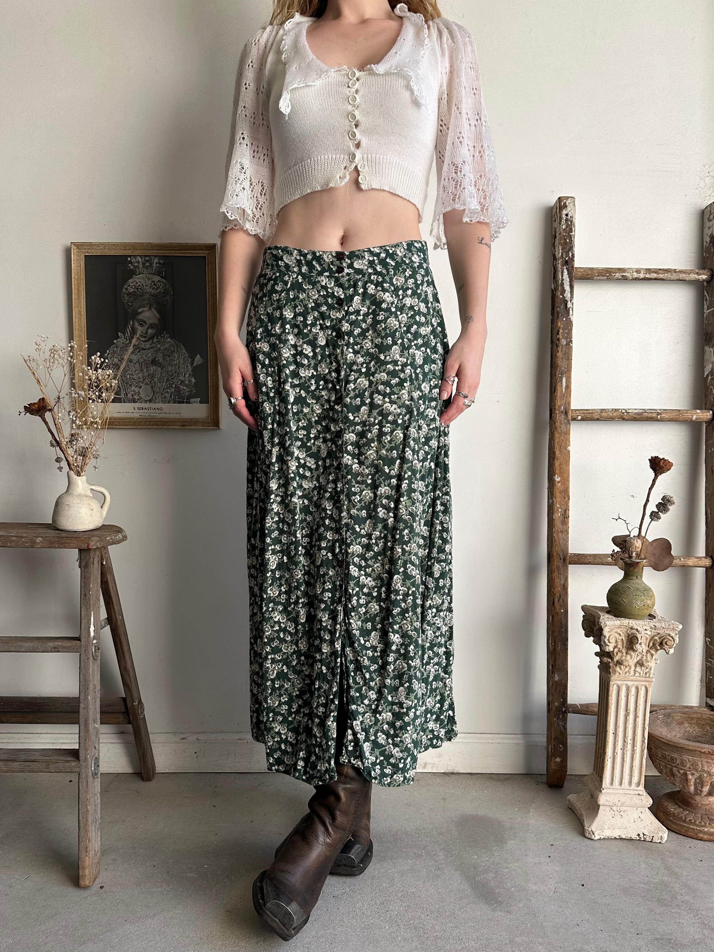 1990s Green Floral Rayon Skirt (M)