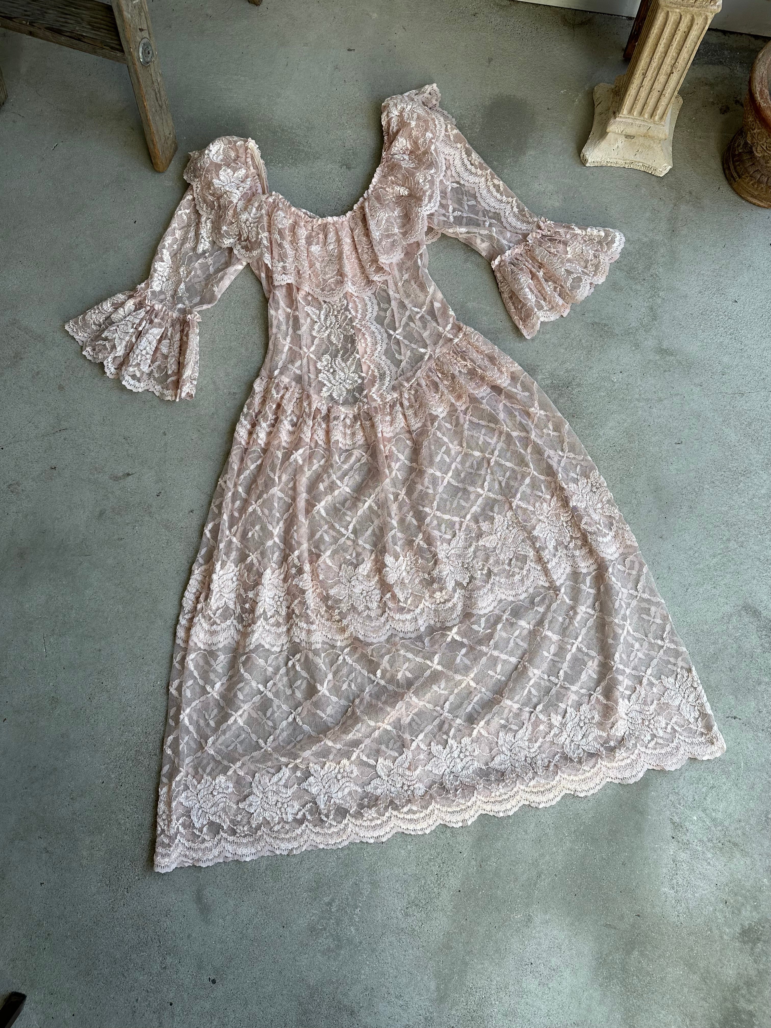 1980s Sheer Pink Lace Midi Dress (XS/S)