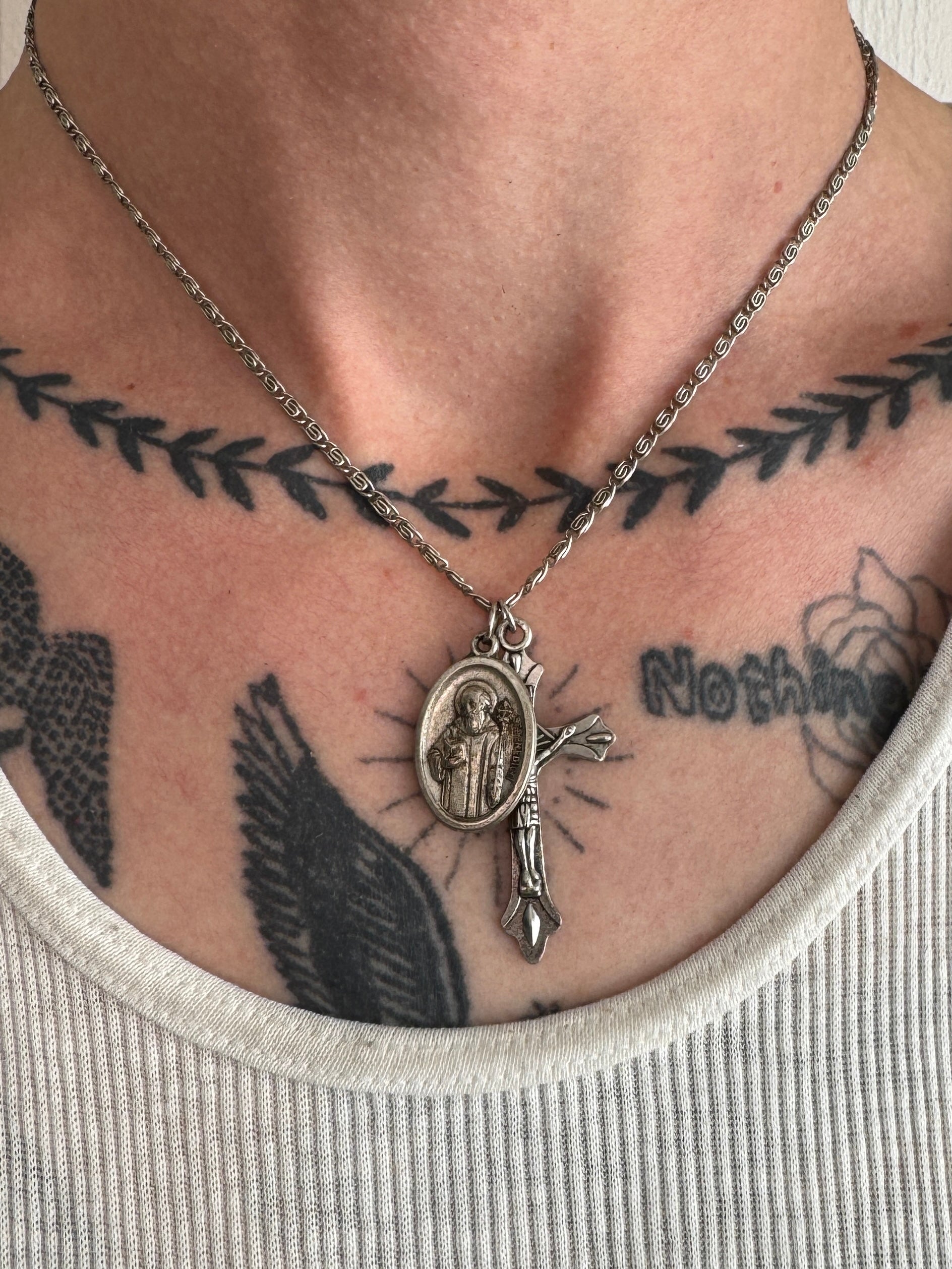 Cross and St. Benedicti Double Pendant Necklace (16")