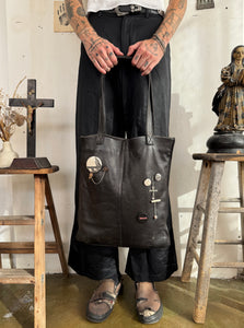 Vintage Black Leather Bucket Bag W/ Pins