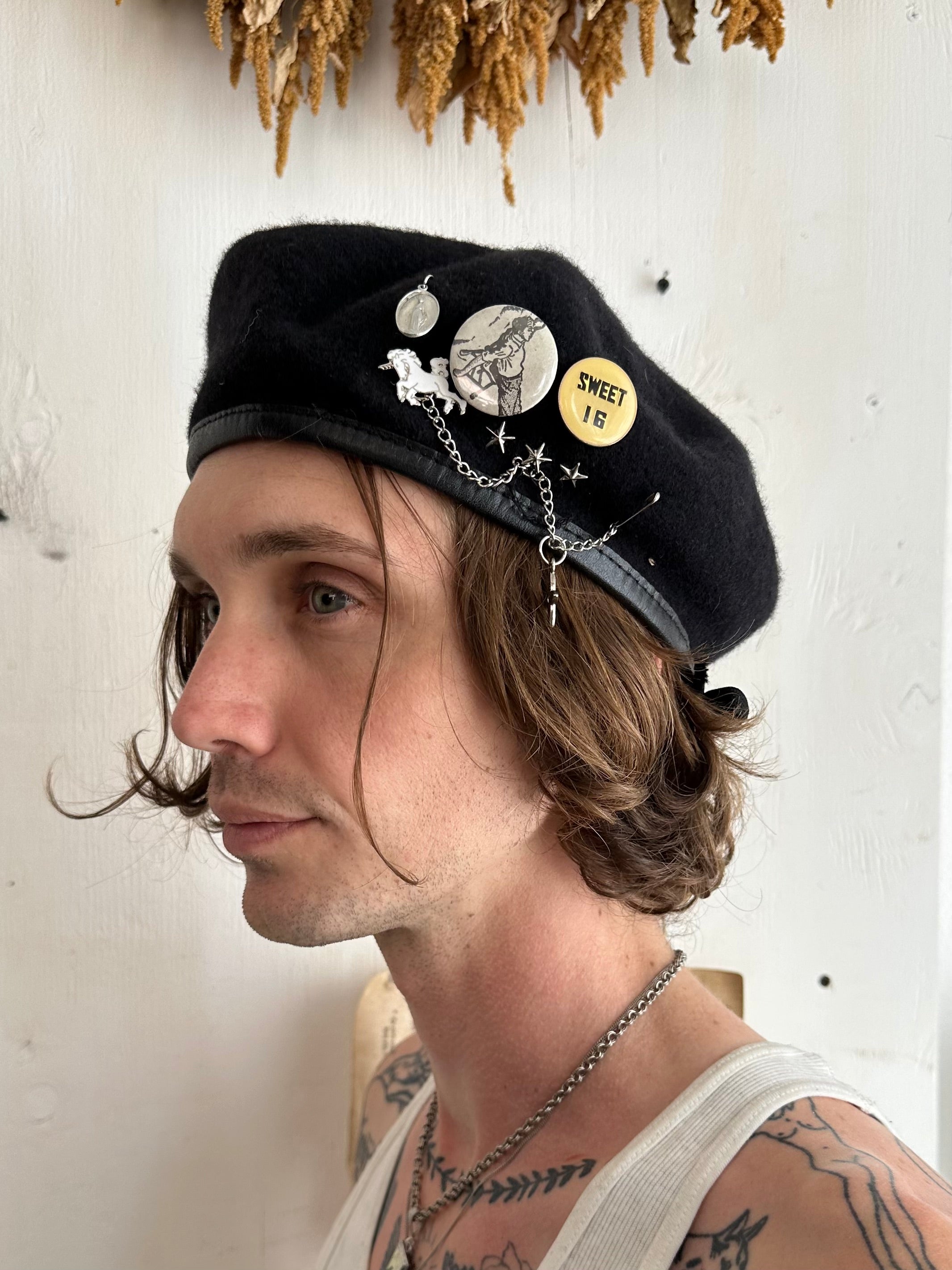 Wool Beret W/ Various Vintage Pins + Chain (7.5)