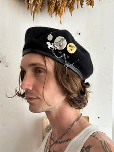 Wool Beret W/ Various Vintage Pins + Chain (7.5)
