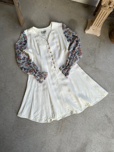 1980s Floral Chiffon Sleeved Dress (S/M)