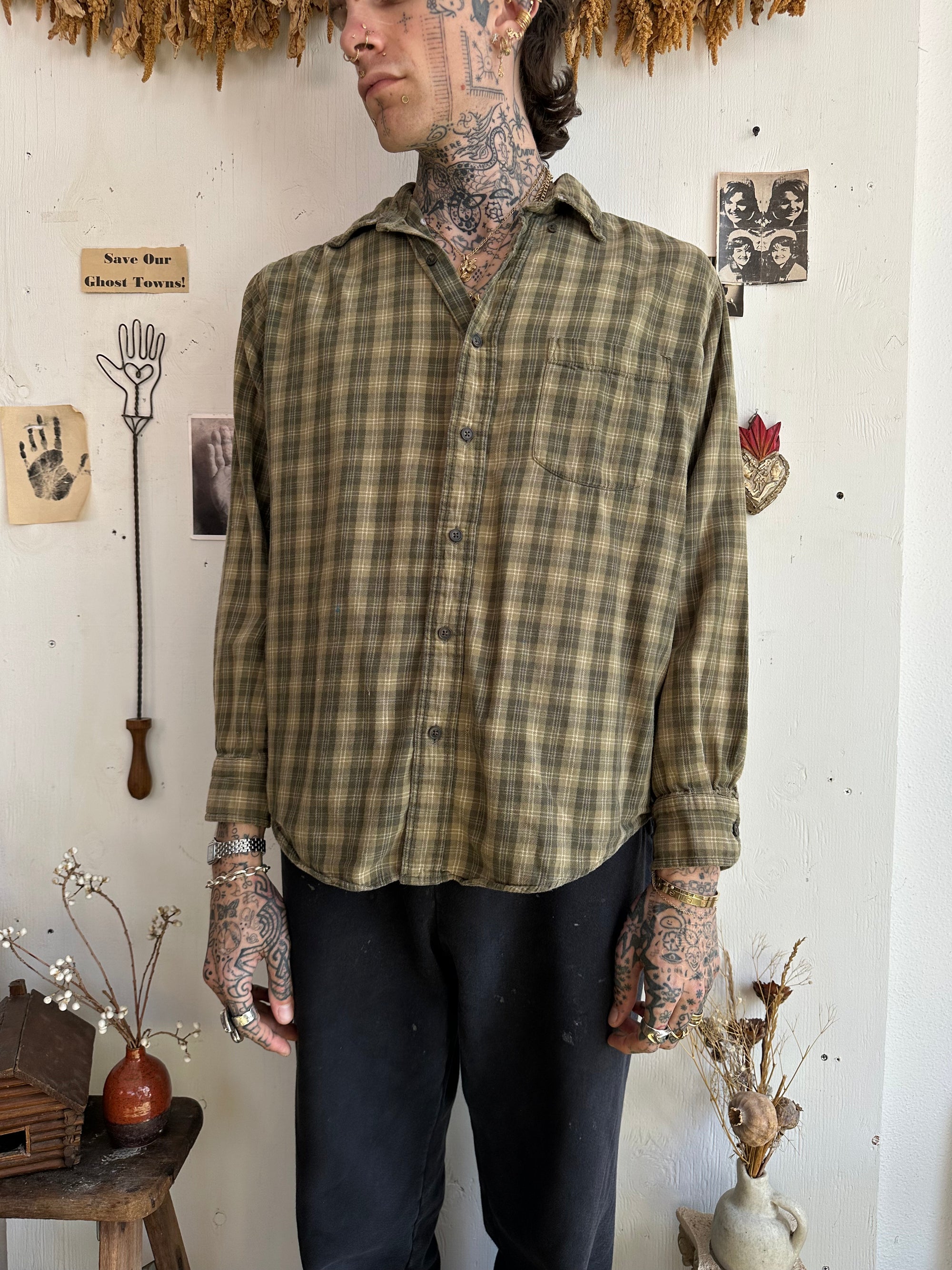 1970s Faded Green Plaid Button Down