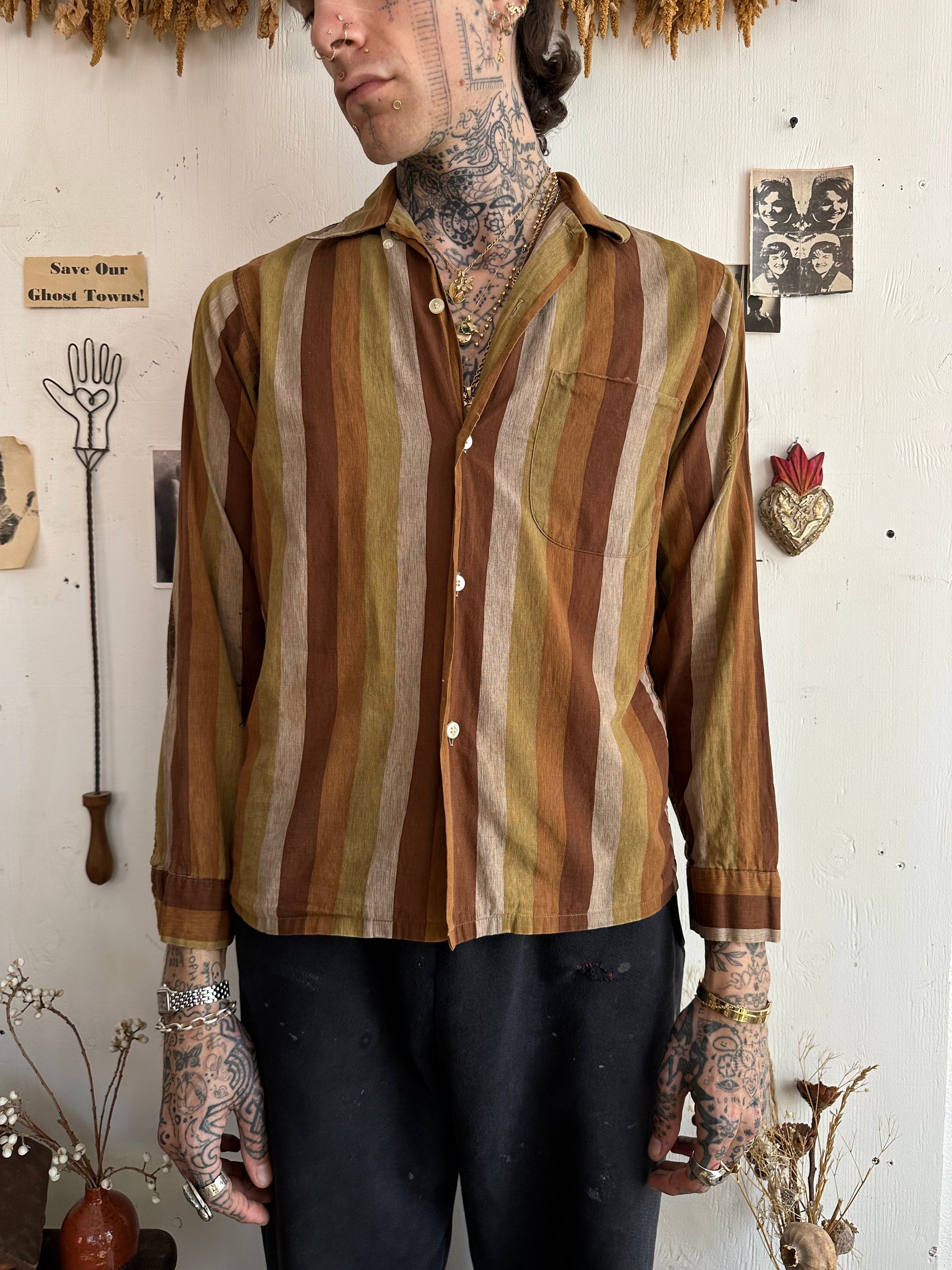 1990s Striped Button Up Shirt W/ Leather Elbow Pads
