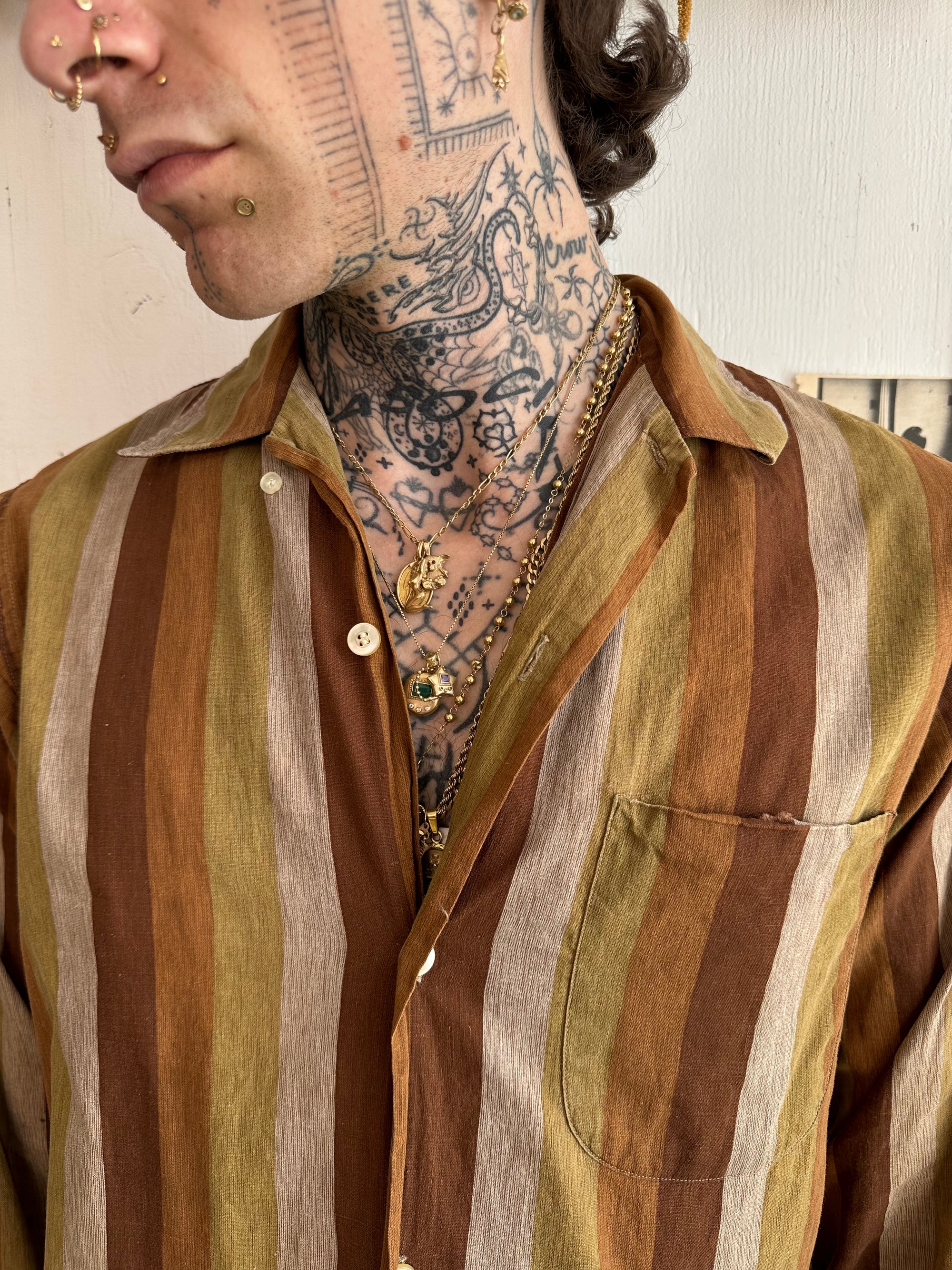 1990s Striped Button Up Shirt W/ Leather Elbow Pads