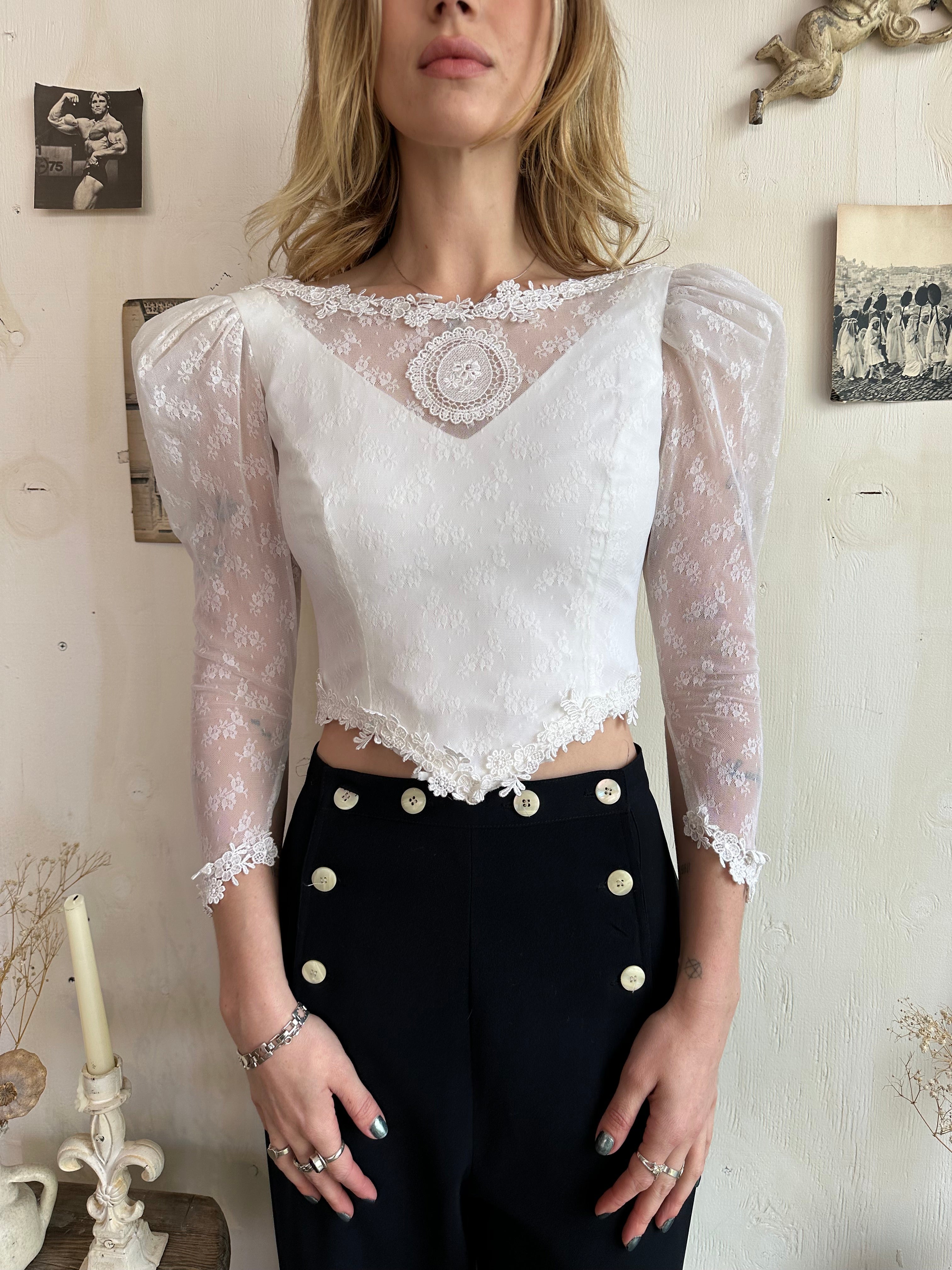 1980s Puff Sleeve Lace Top (XS)