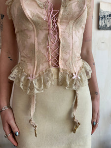 1980’s Emil Bole Pink Lace Trim Corset Set (M)