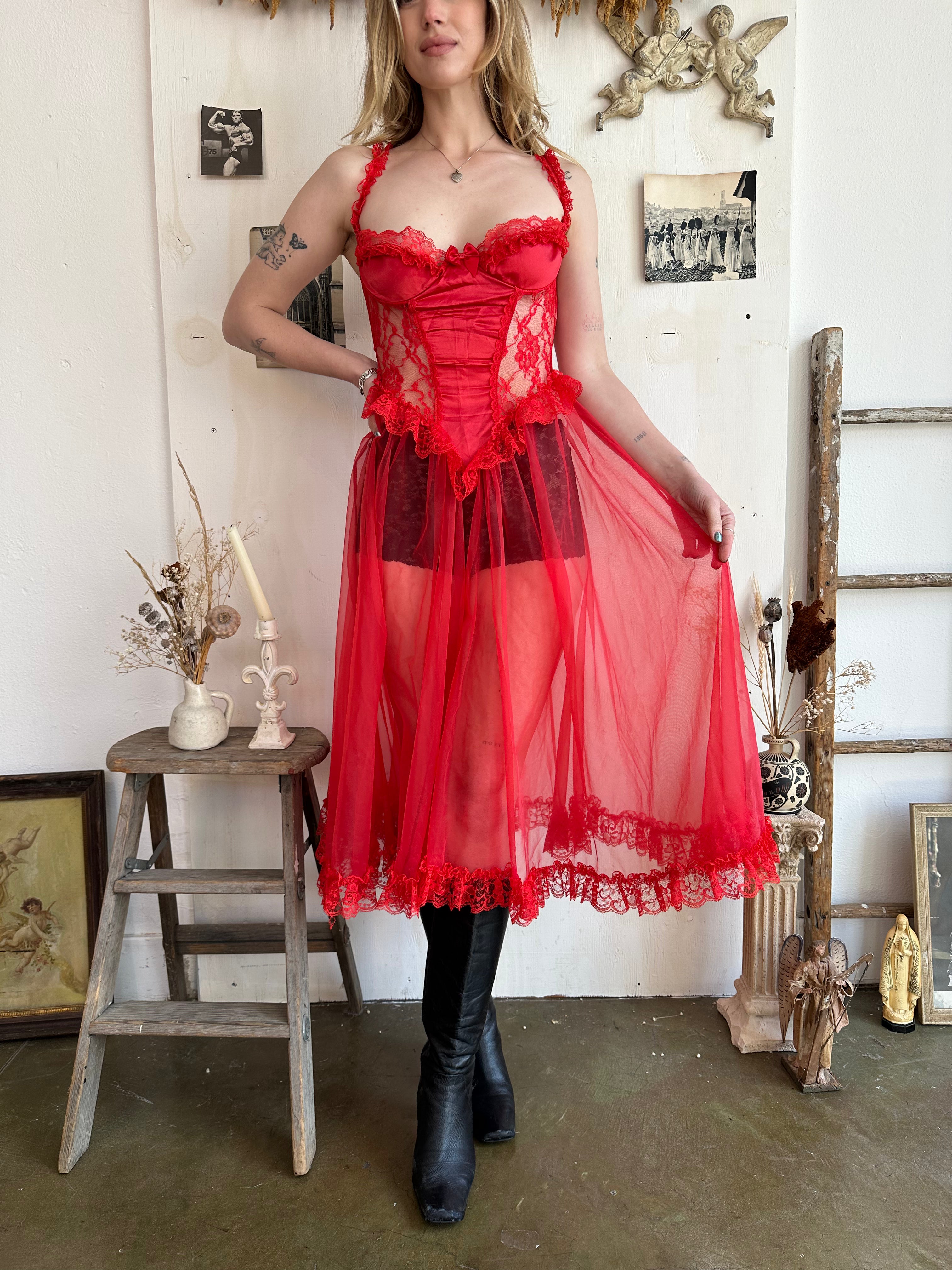 1980s Lacey Red Corset Dress (S)