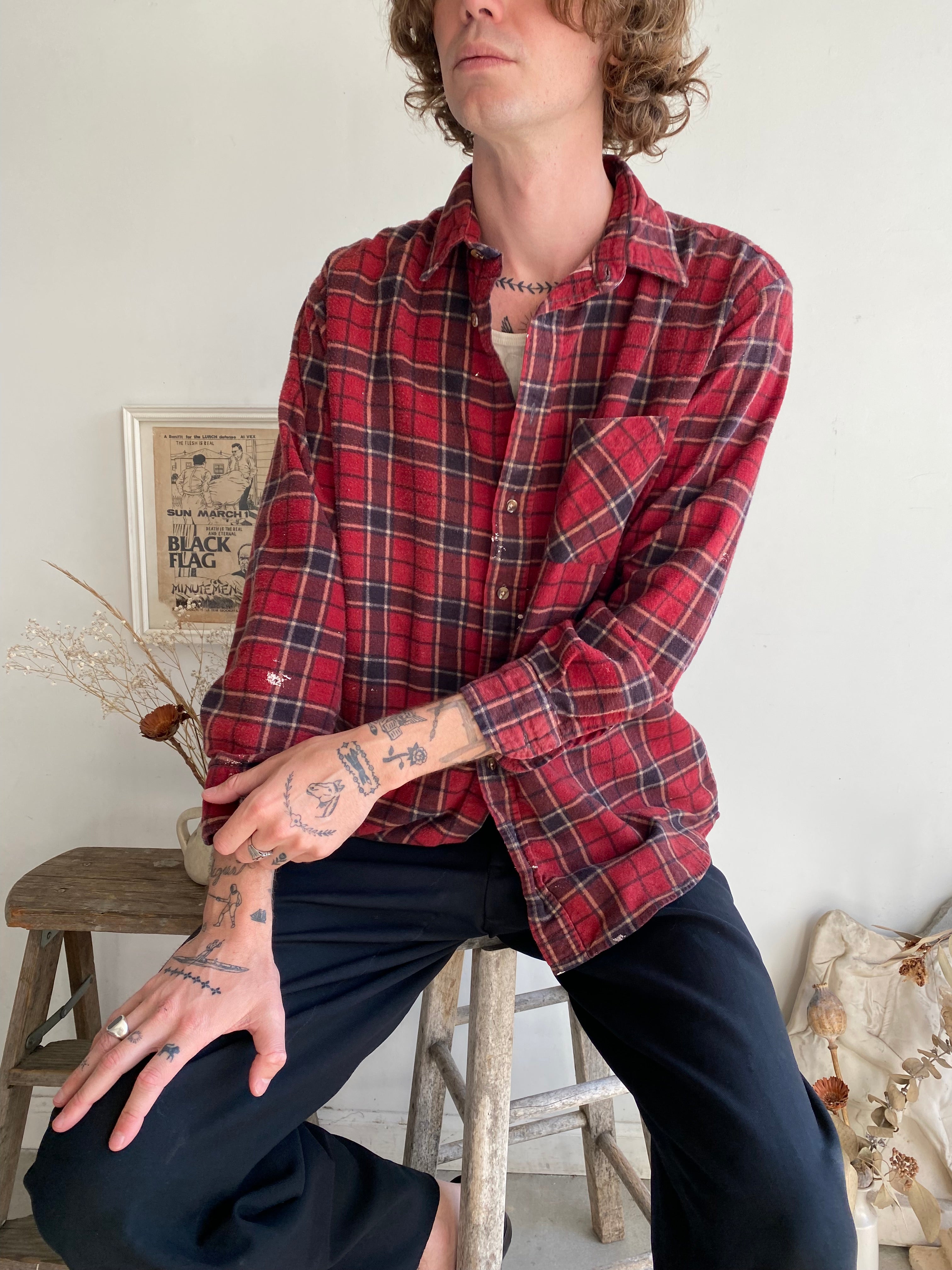 1990s Well-Worn Red Cotton Plaid (L)