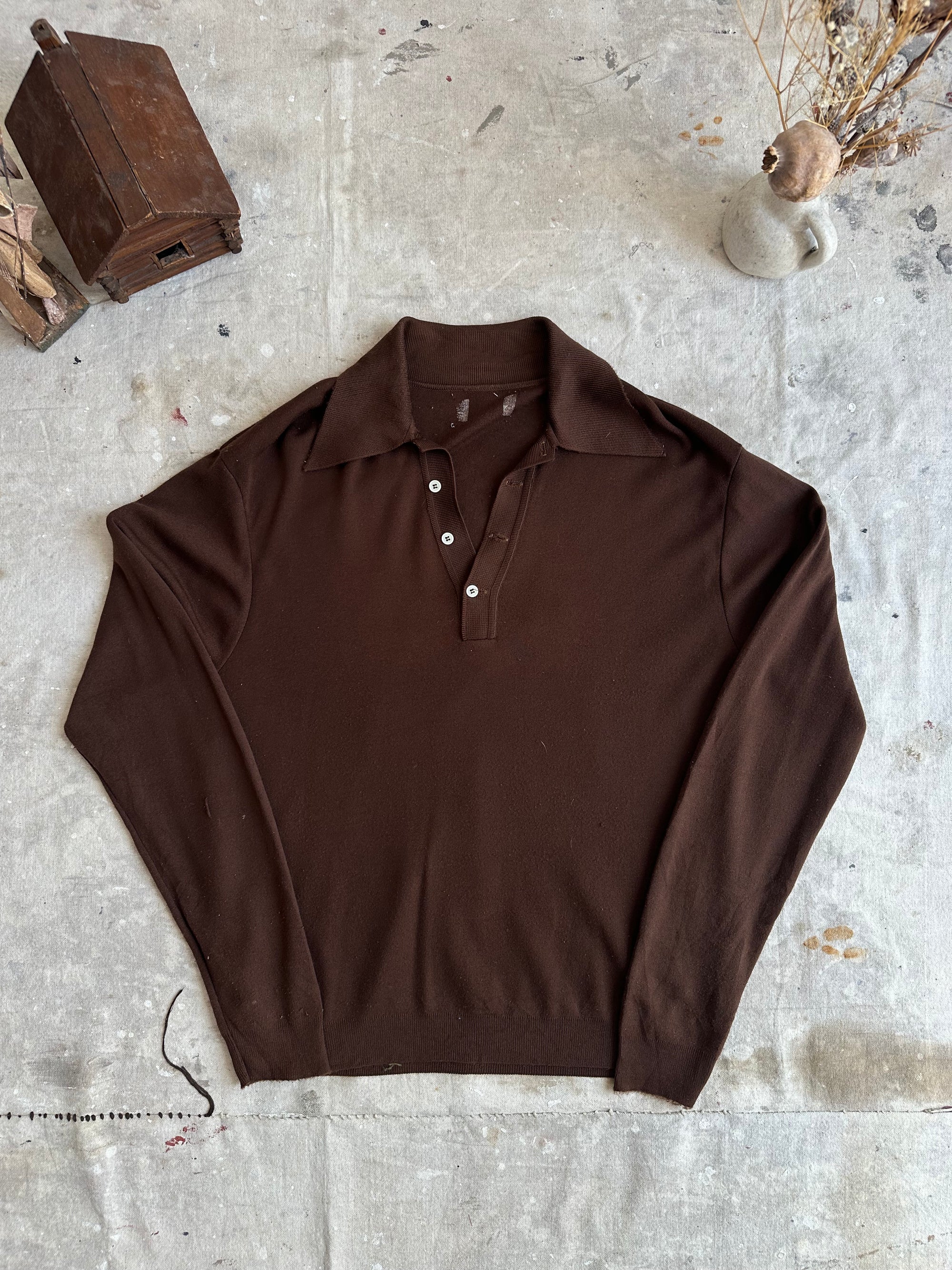1970s Brown Long Sleeve Collared Sweater