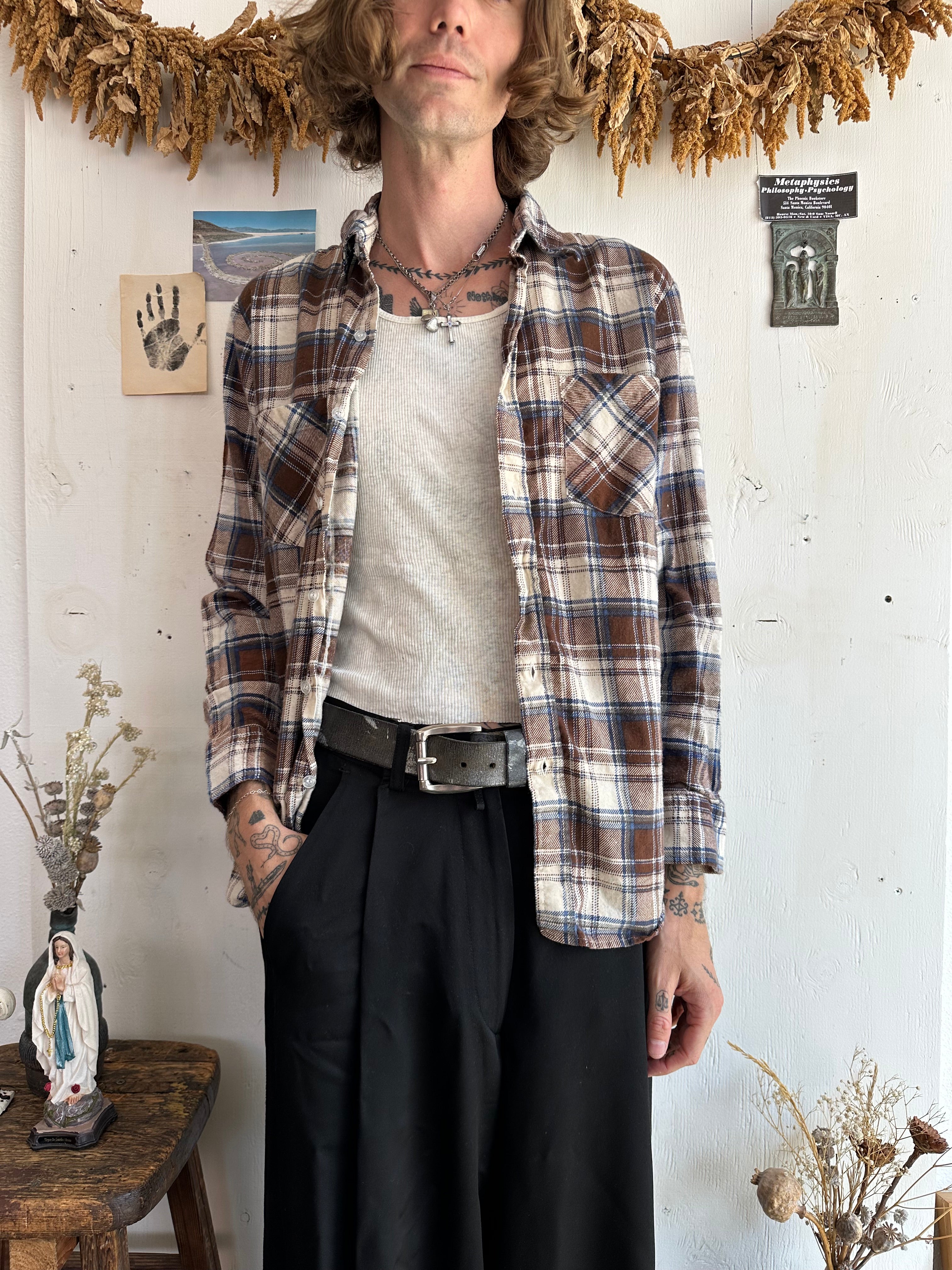 1980s Brown and Blue Plaid Button Up (M/L)