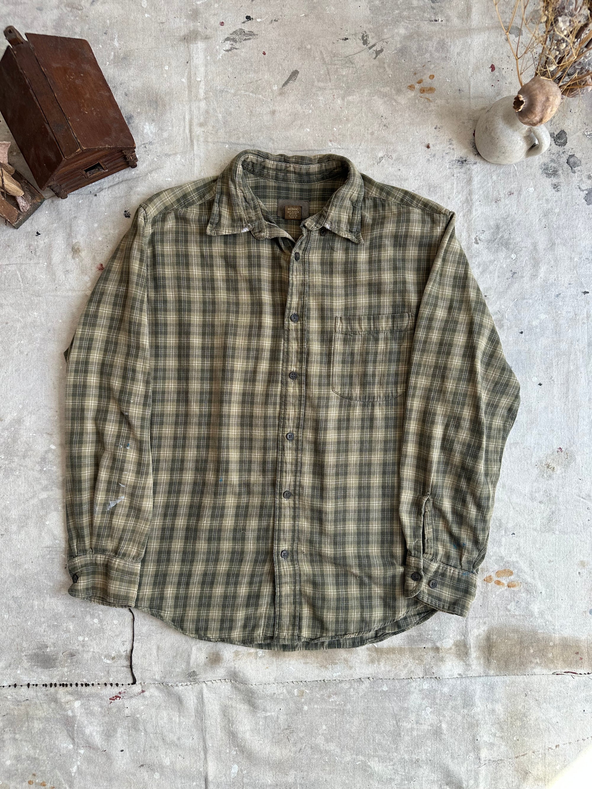 1970s Faded Green Plaid Button Down