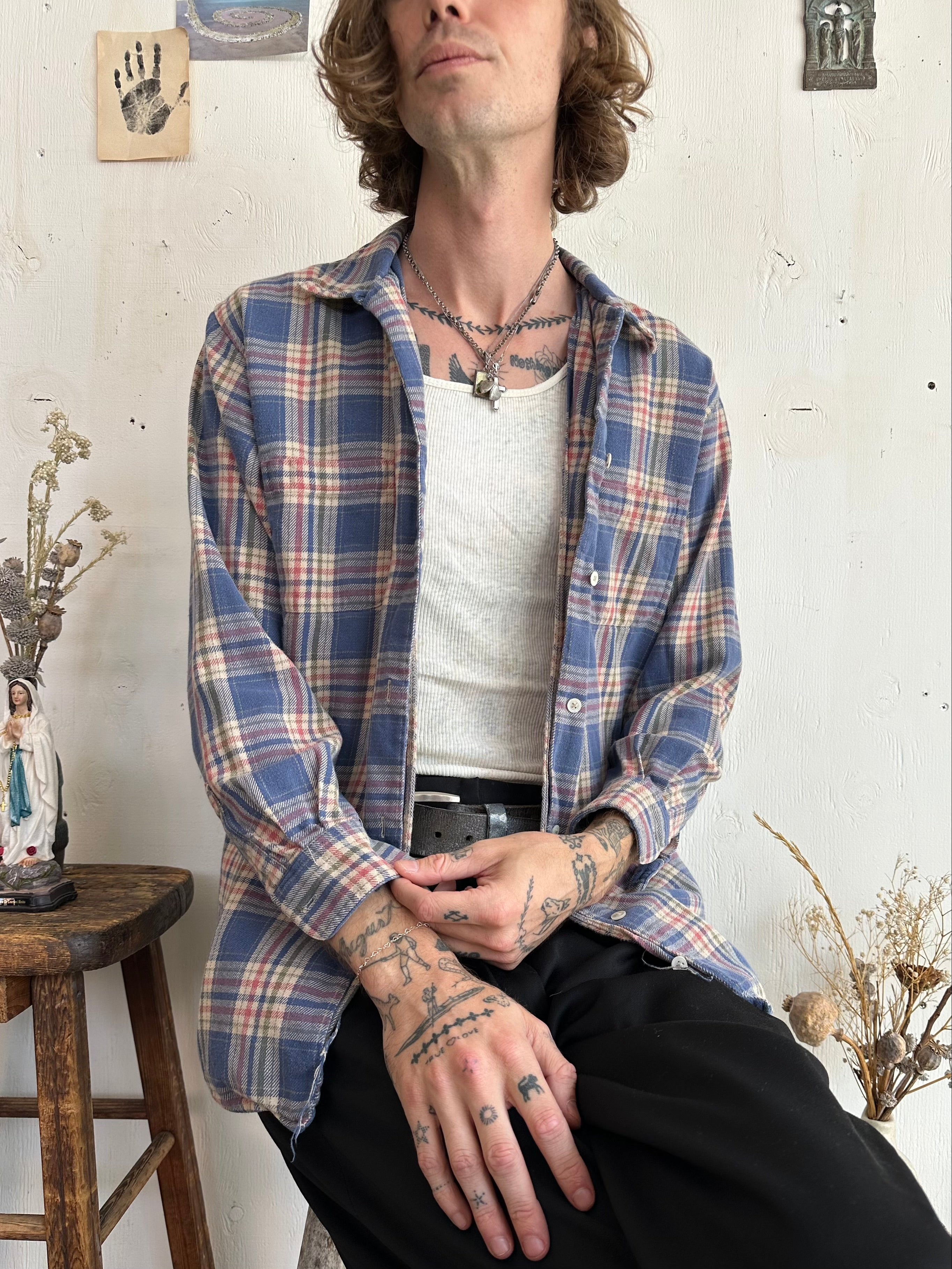 1970s Faded Blue Cotton Flannel Button Up (L)