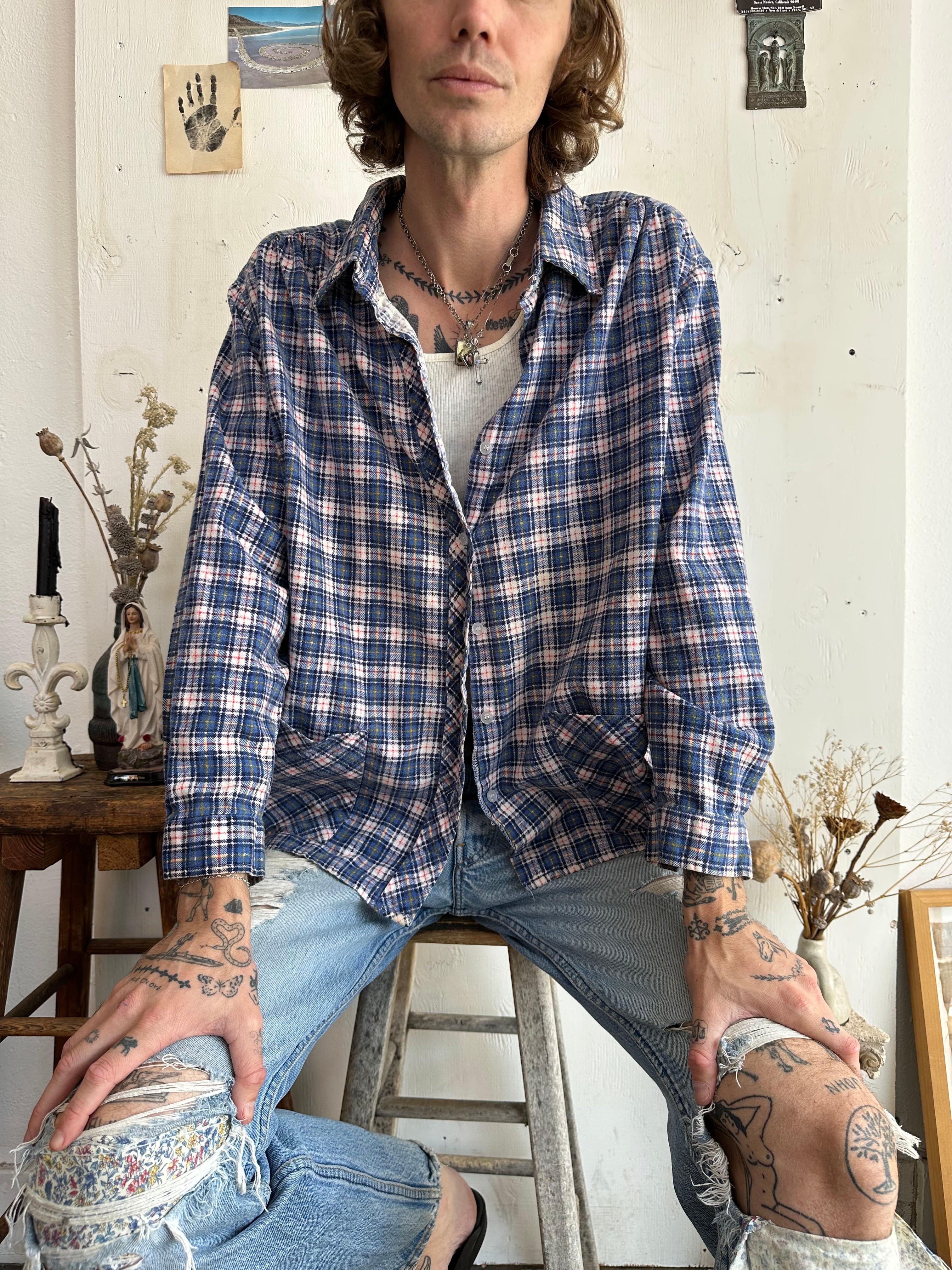 1970s Plaid Cotton Overshirt/Chore Shirt (Boxy M/L)